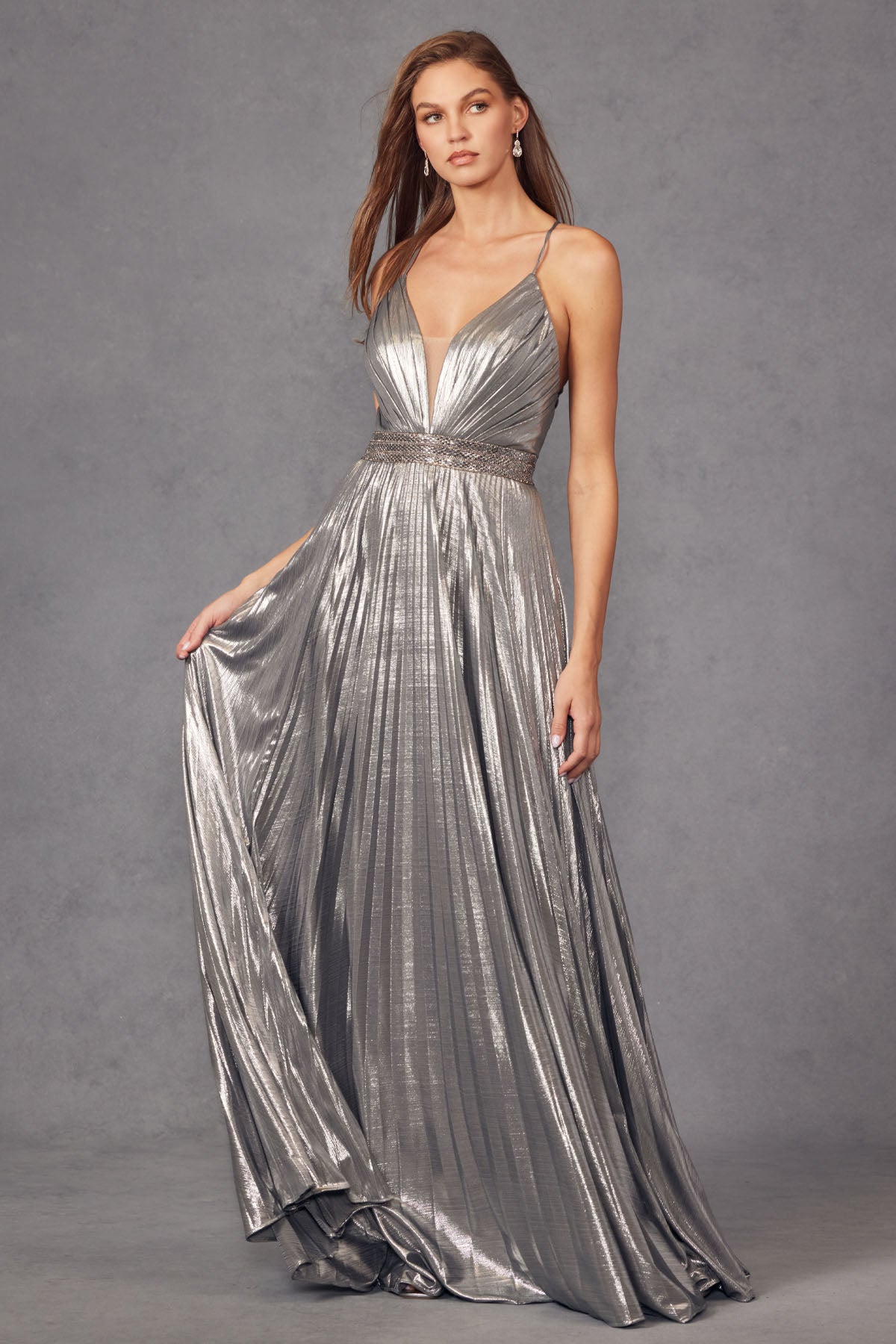Prom Dresses Long Formal Pleated Metallic Prom Dress Charcoal
