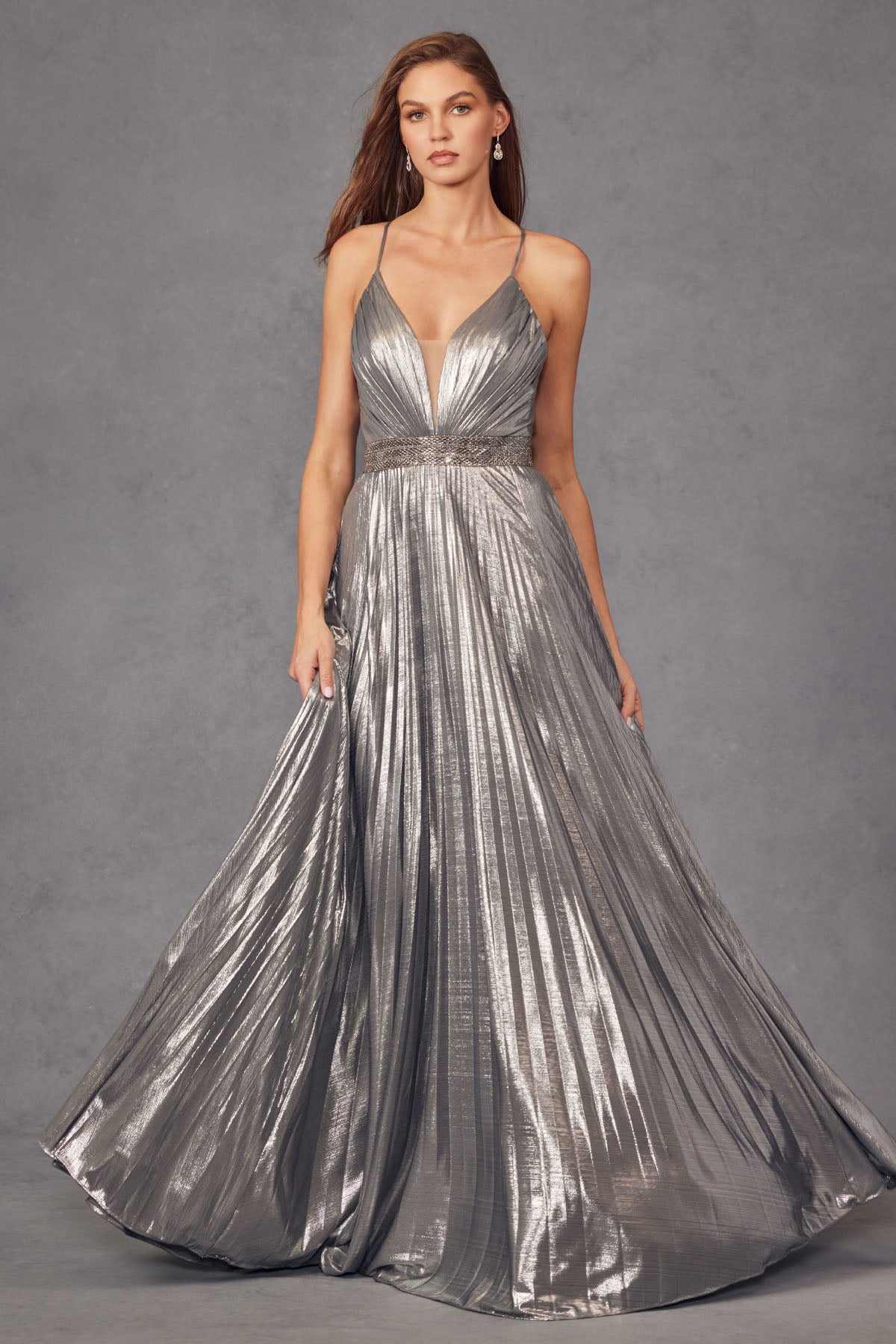 Juliet 226 Long Formal Pleated Metallic Prom Dress - Charcoal / L Juliet 226 Long Formal Pleated Metallic Prom Dress - Charcoal / L