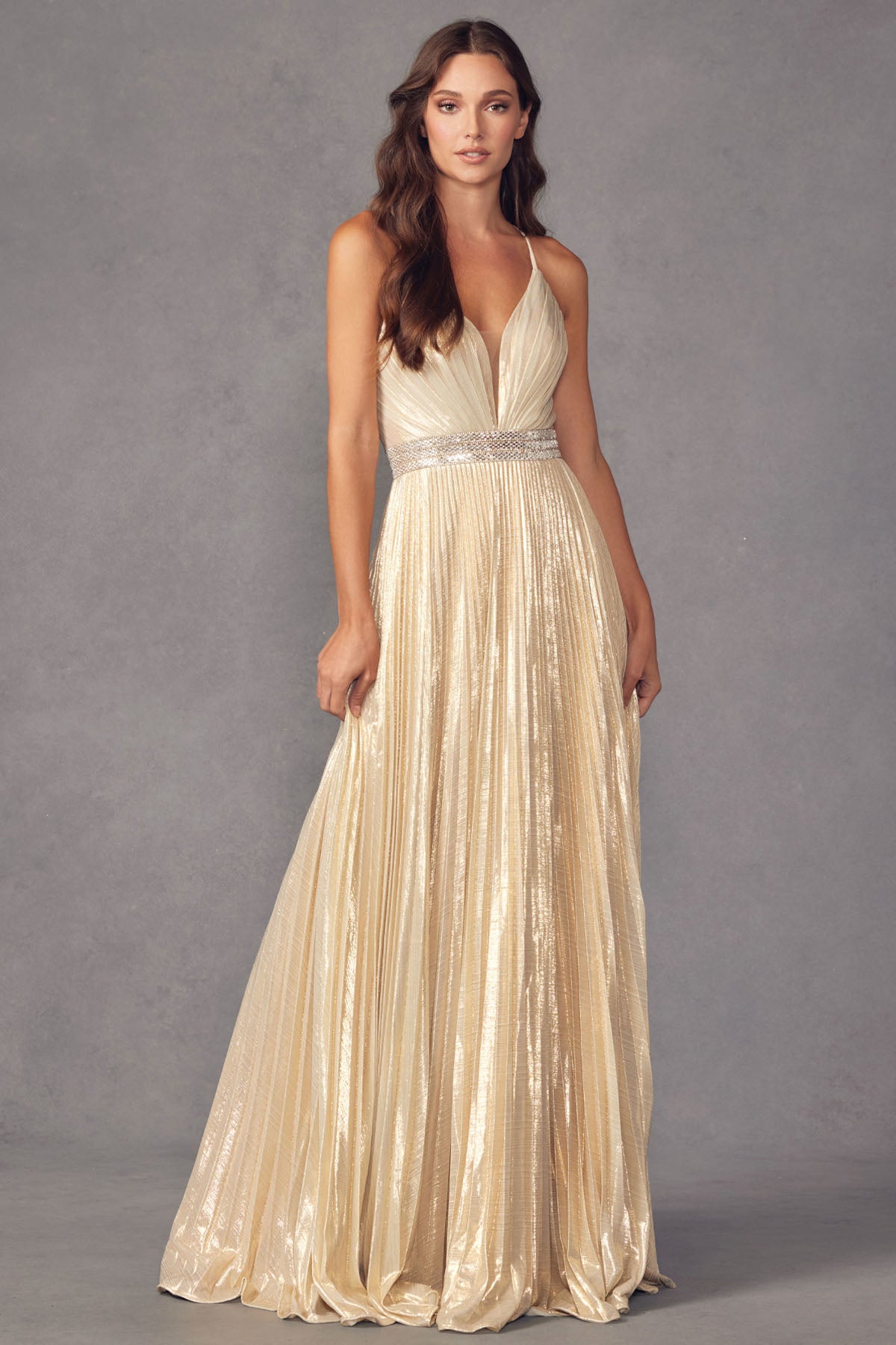 Charcoal Juliet 226 Long Formal Pleated Metallic Prom Dress for $189.99