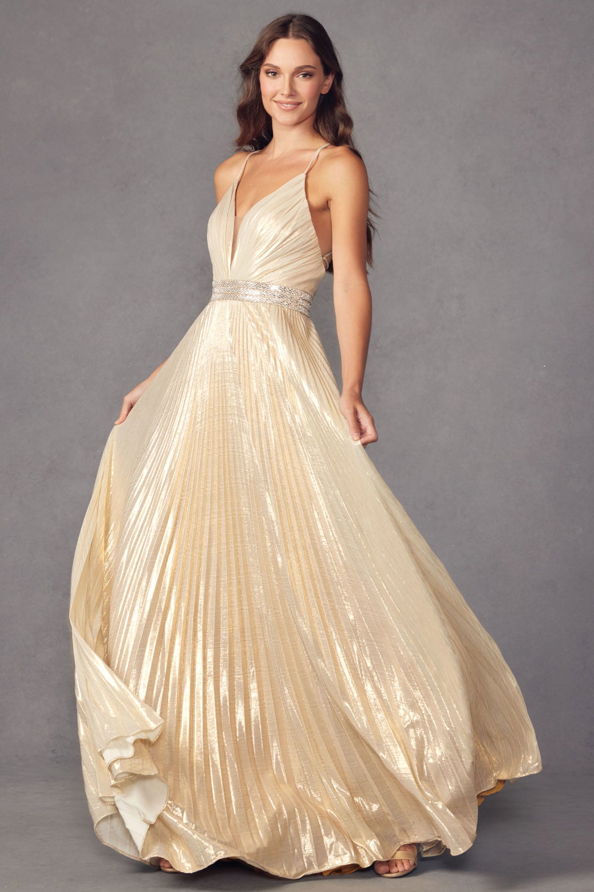 Prom Dresses Long Formal Pleated Metallic Prom Dress Gold