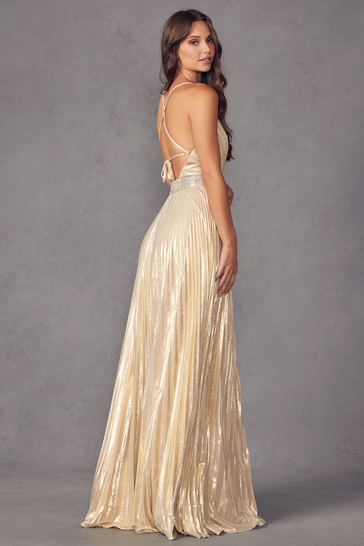 Charcoal Juliet 226 Long Formal Pleated Metallic Prom Dress for $189.99