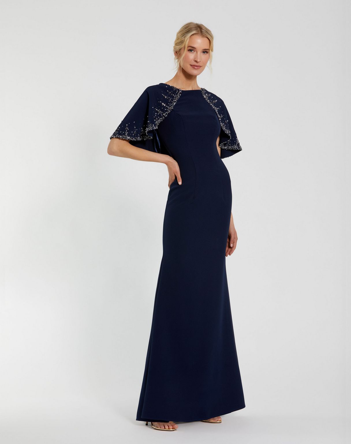 Mac Duggal - Navy Crepe High Neck Fitted Gown with Beaded Shawl - Midnight / US 10 Mac Duggal - Navy Crepe High Neck Fitted Gown with Beaded Shawl - Midnight / US 10