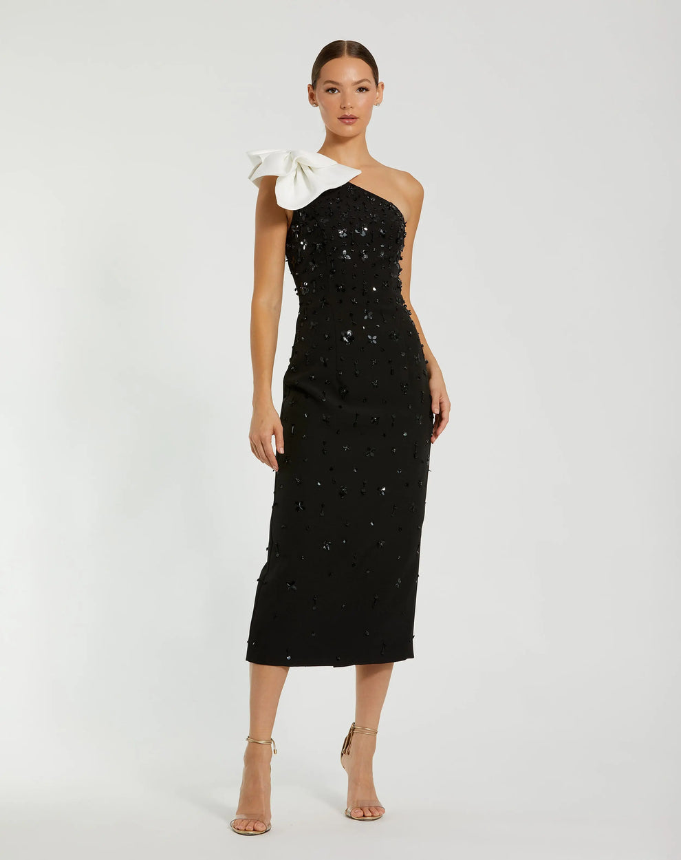 Mac Duggal Beaded Crepe One Shoulder Midi Dress with Bow, Womens, 4, Black White Mac Duggal Beaded Crepe One Shoulder Midi Dress with Bow, Womens, 4, Black White