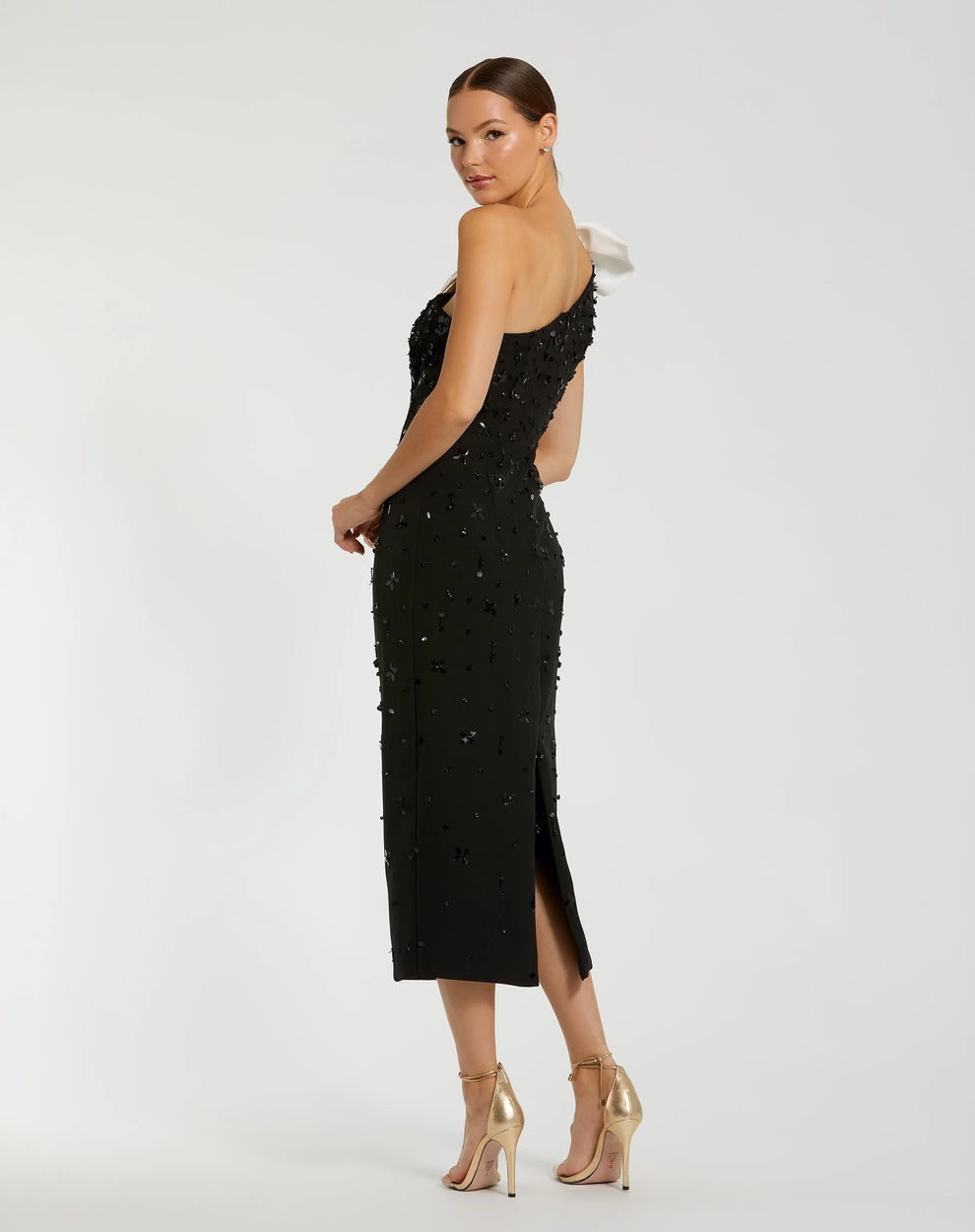 Cocktail Dress Sequin Beaded Floral Midi Cocktail Dress Black White
