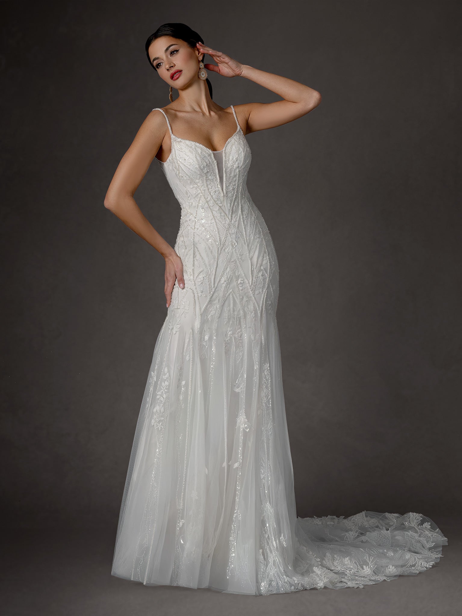 Wedding Dresses Long Beaded Lace Bridal Gown Off White-Tulle-25650-Sequin