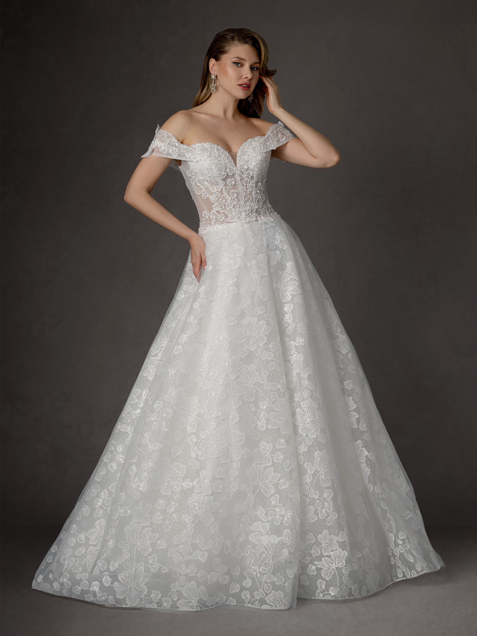 Wedding Dresses Long Lace Bridal Wedding Dress - A Line - Stella Couture 25651 Off White-Lace-25651-Train