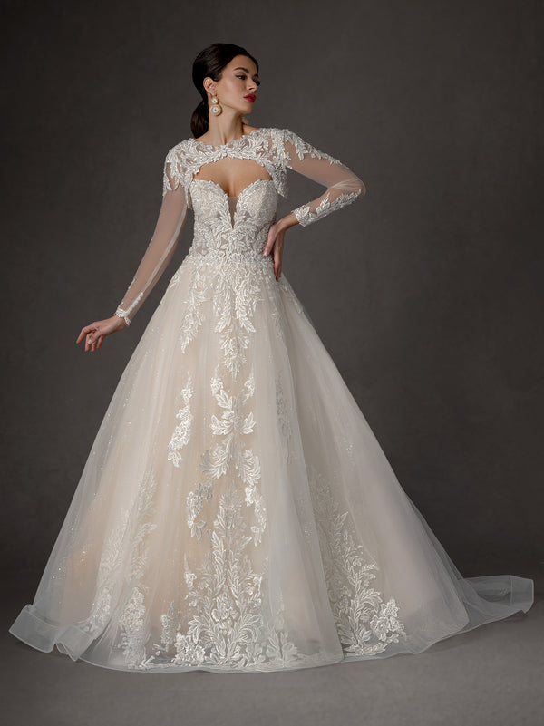 Long Sequin Ball Gown Lace Applique Wedding Dress