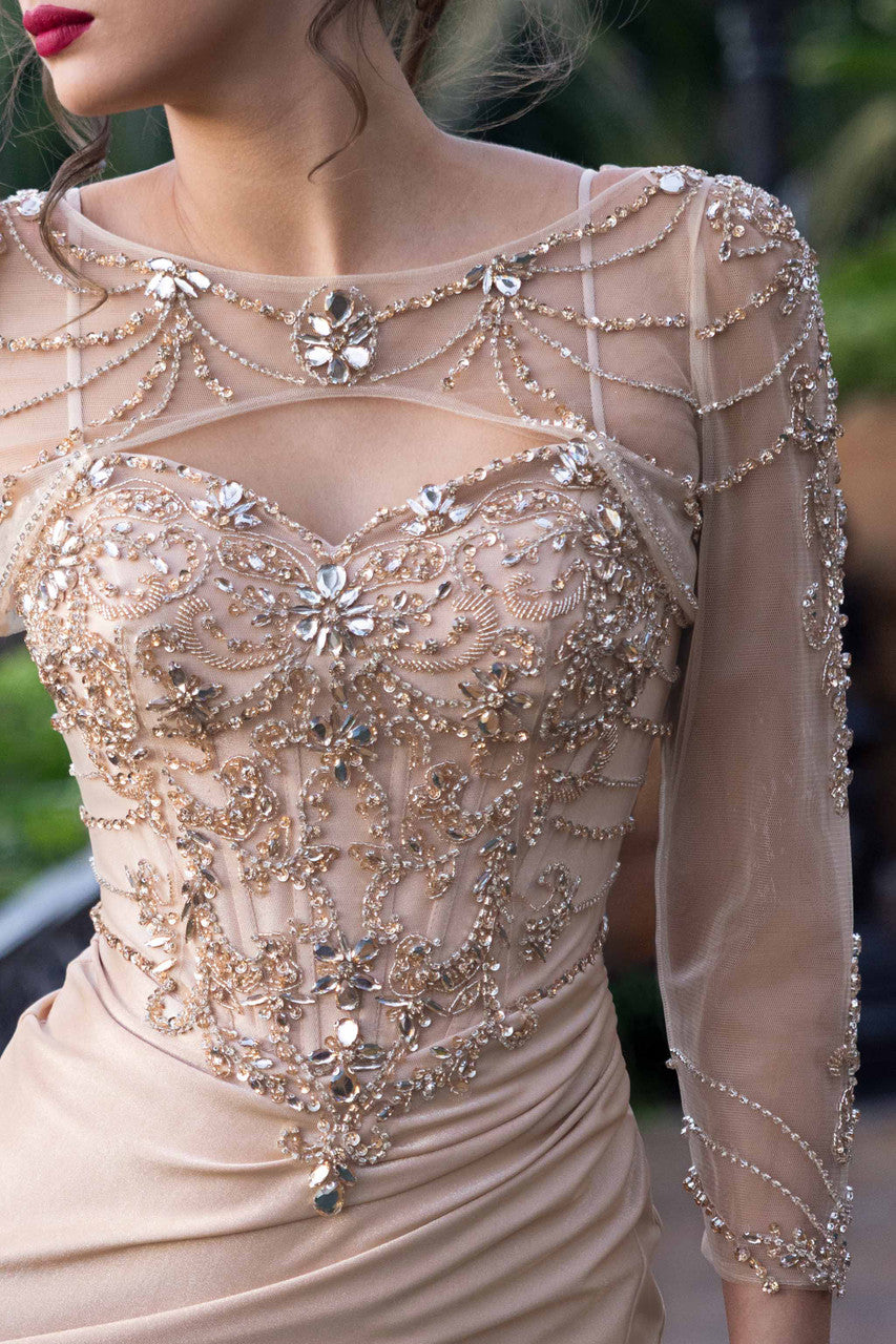 Illusion Neck Long Embellished Evening Gown by Lenovia 8432 in Champagne