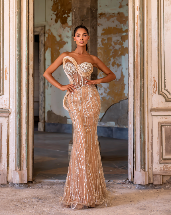 Strapless Curved Neck Floor-Length Tulle Prom Mermaid Dress