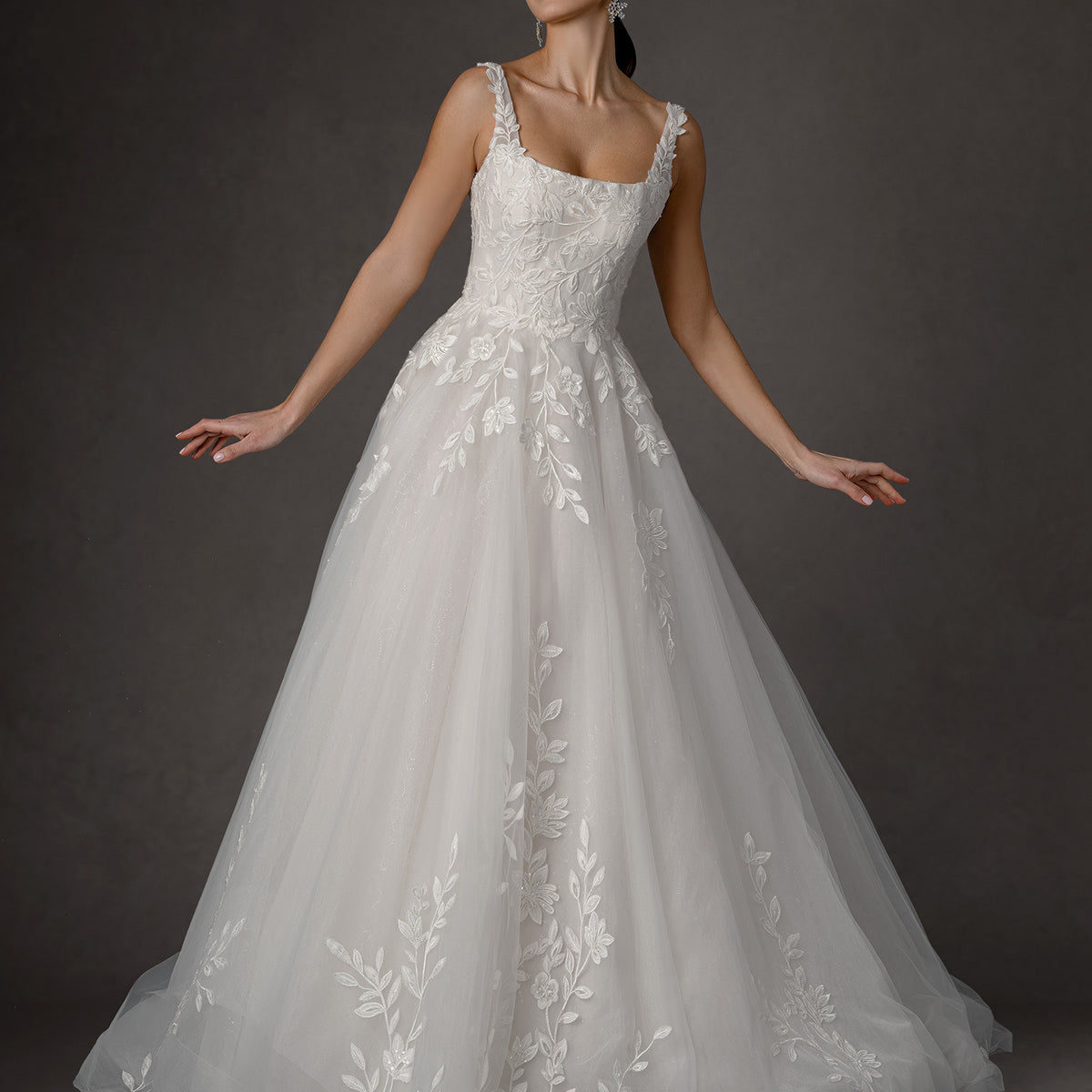 A Line Floral Long Lace Wedding Dress - Off White / 14 A Line Floral Long Lace Wedding Dress - Off White / 14