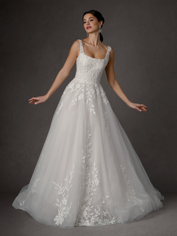 A Line Floral Long Lace Wedding Dress