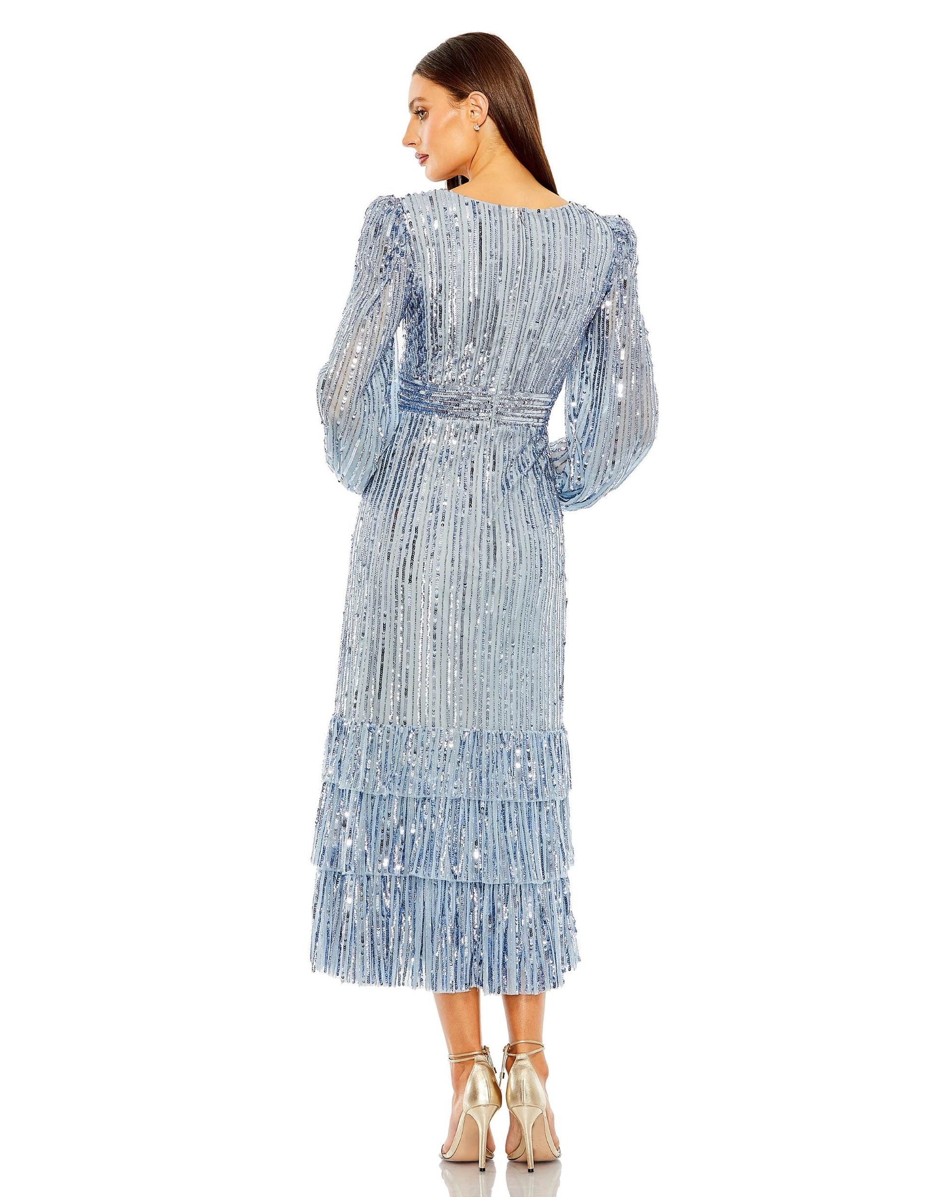Mac Duggal 23006 Long Sleeve Formal Sequin Tea Length Dress