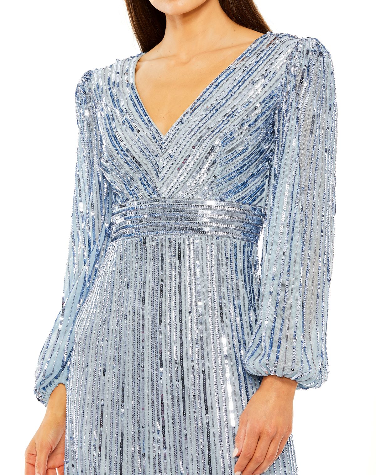 Mac Duggal 23006 Long Sleeve Formal Sequin Tea Length Dress