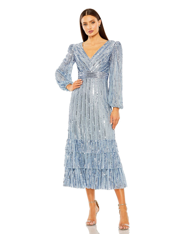 Long Sleeve Formal Sequin Tea Length Dress Sequin Tea Length Formal Mac Duggal 23006