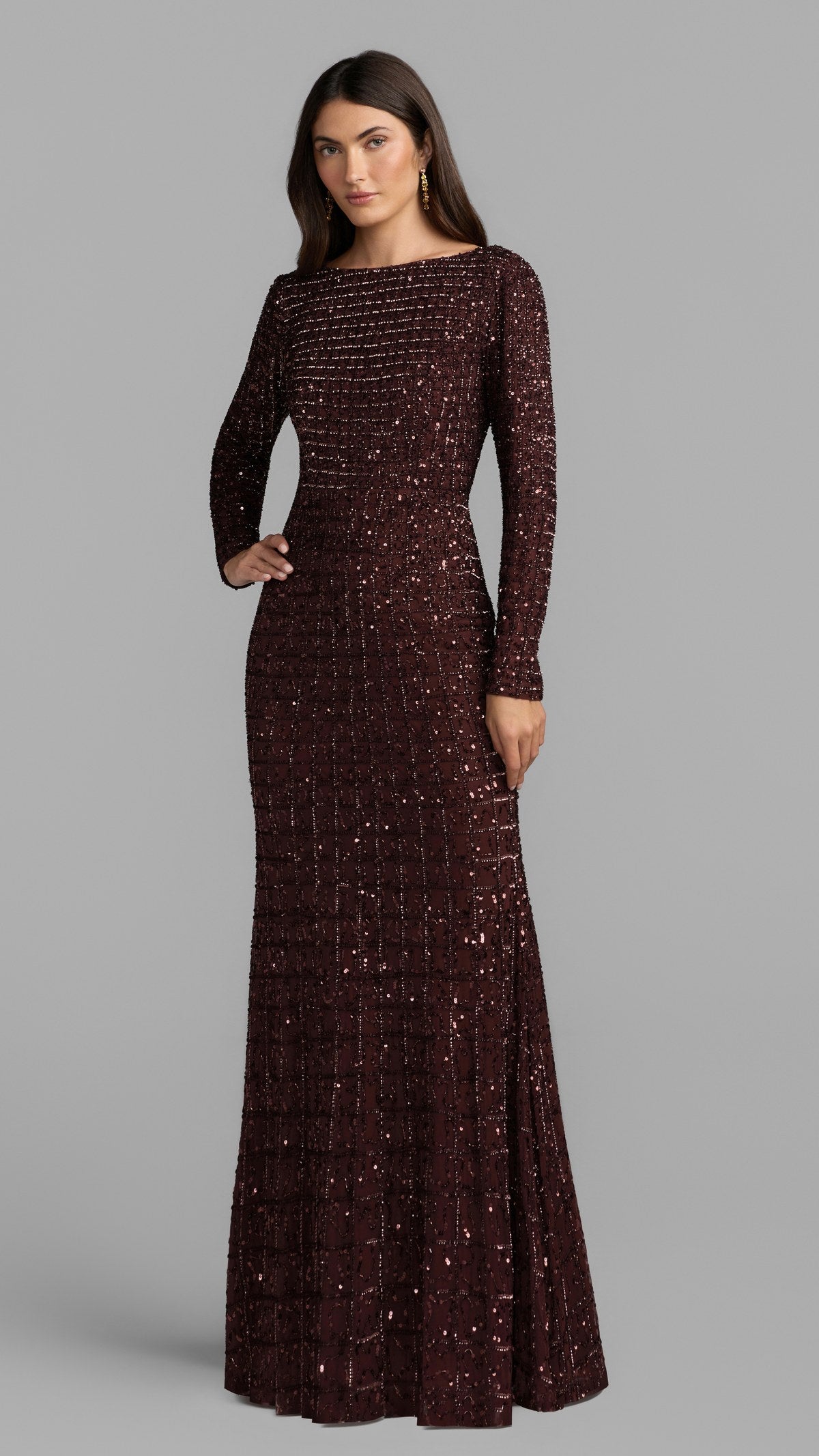 Mac Duggal style 23017 in Chocolate, front view