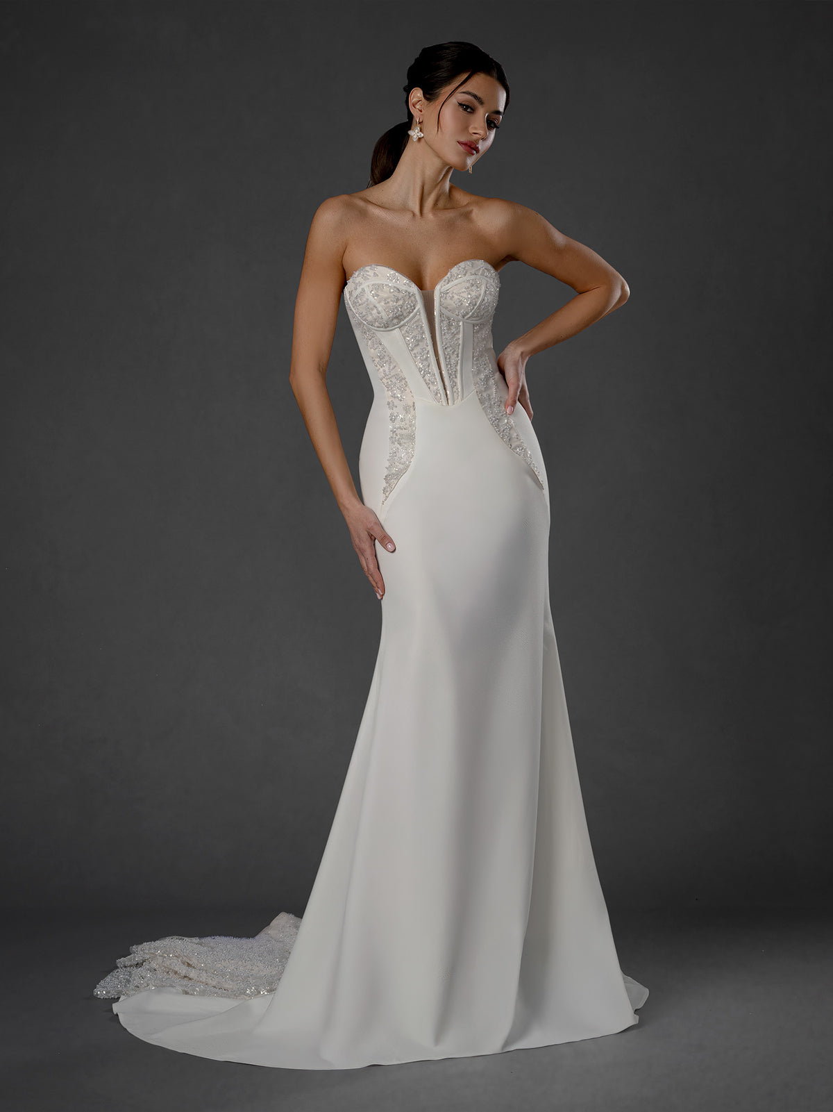 Wedding Dresses Long Beaded Wedding Dress - Corset - Stella Couture 25576 Off White-Satin-25576-Train