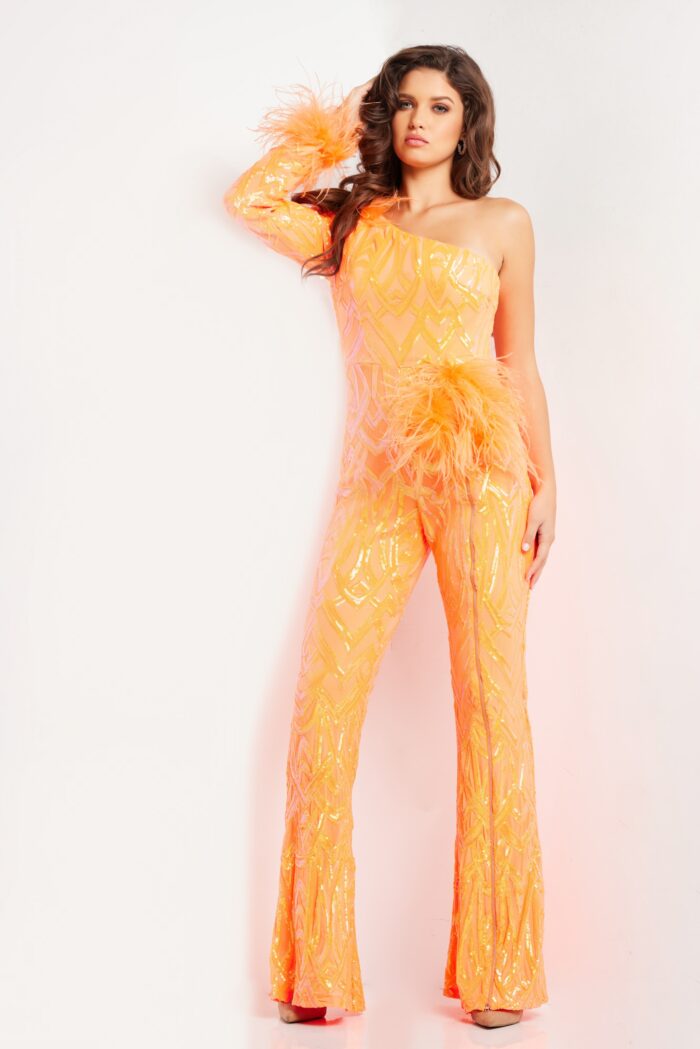 Jovani 23026 Sequin Feather Long Beaded Formal Jumpsuit