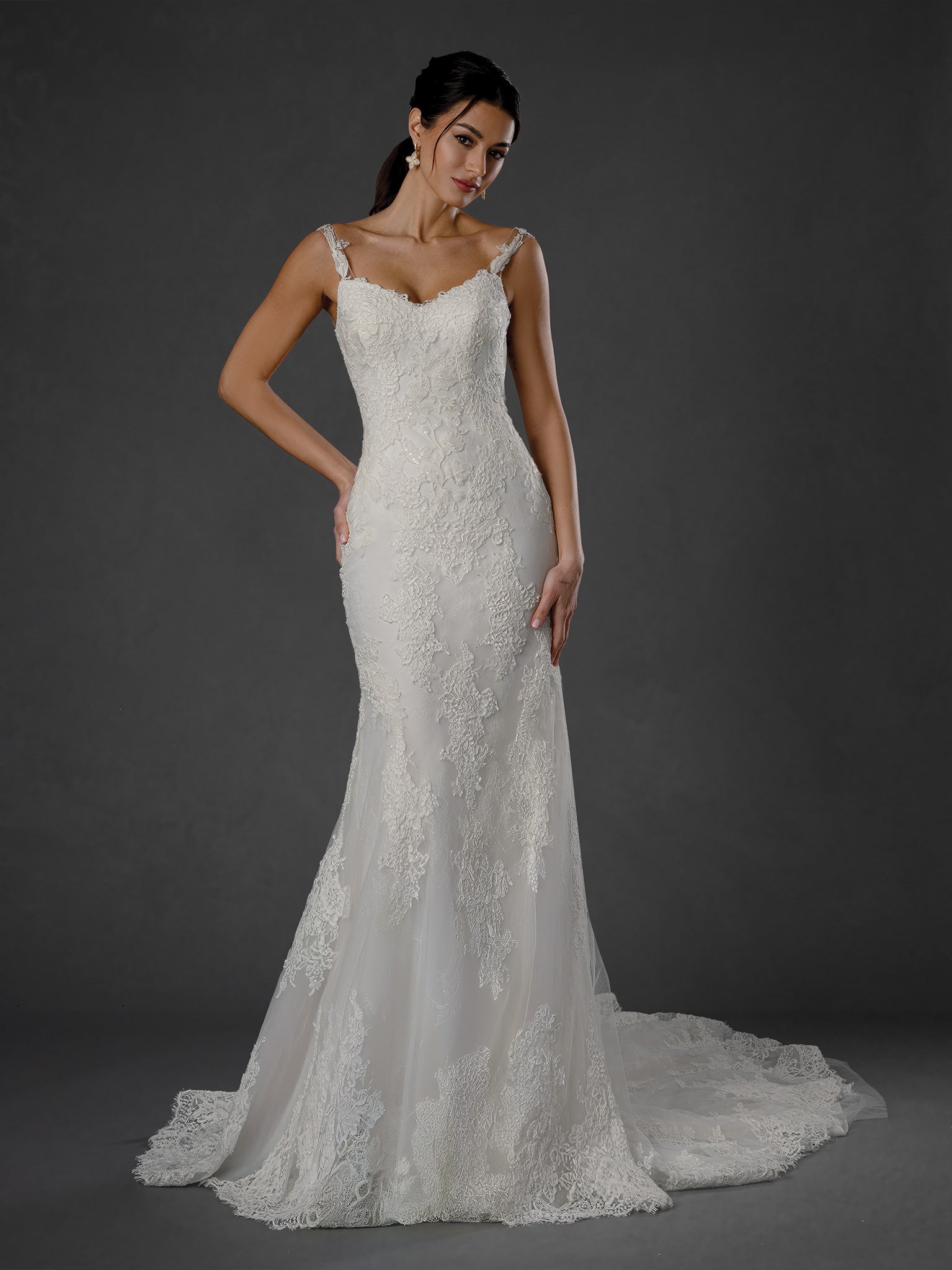 Wedding Dresses Long Bridal Lace Wedding Dress - Beaded - Stella Couture 25575 Off White Satin-25575-Lace