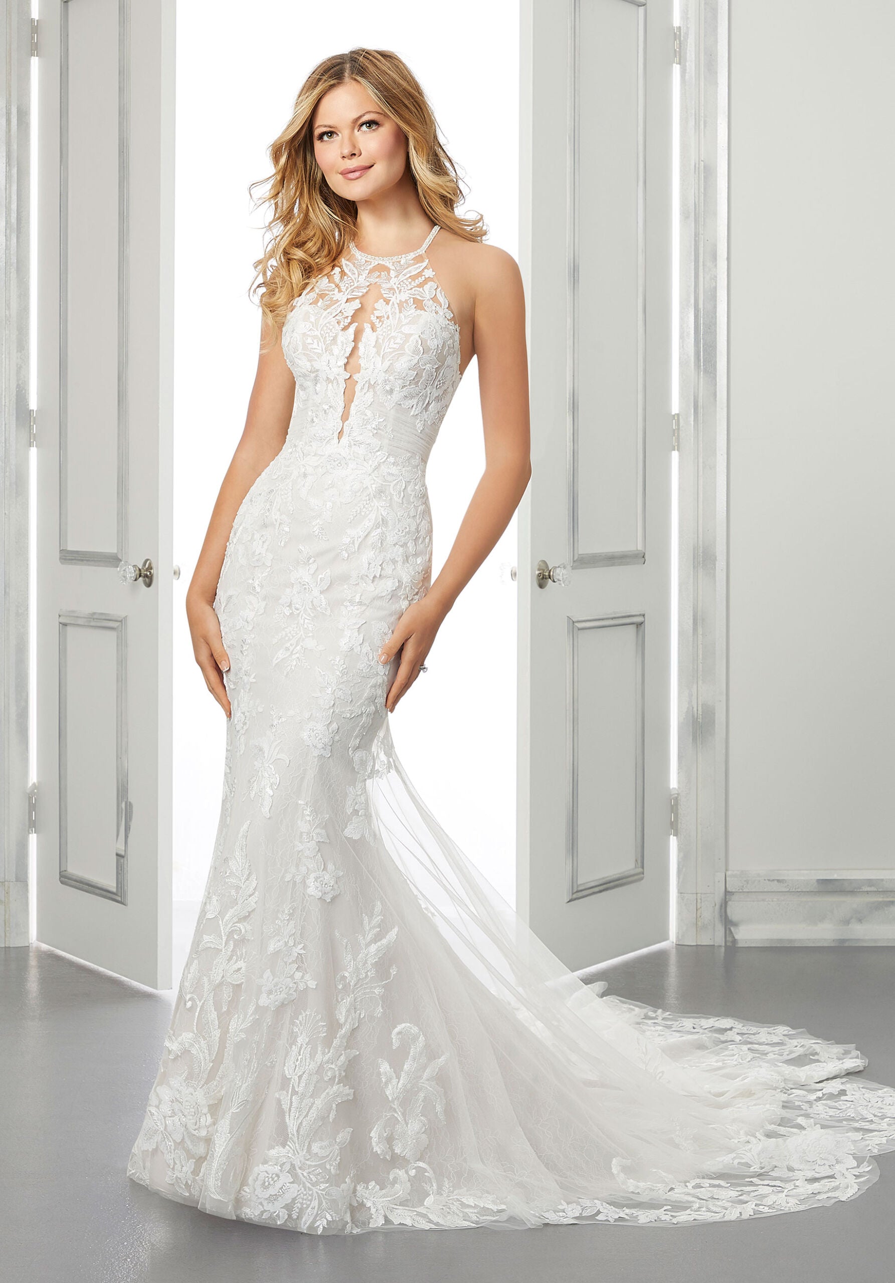 Wedding Dresses Long Fitted Bridal Beaded Lace Wedding Dress MGNY Madeline Gardner New York 2303 Ivory/Sand/Honey