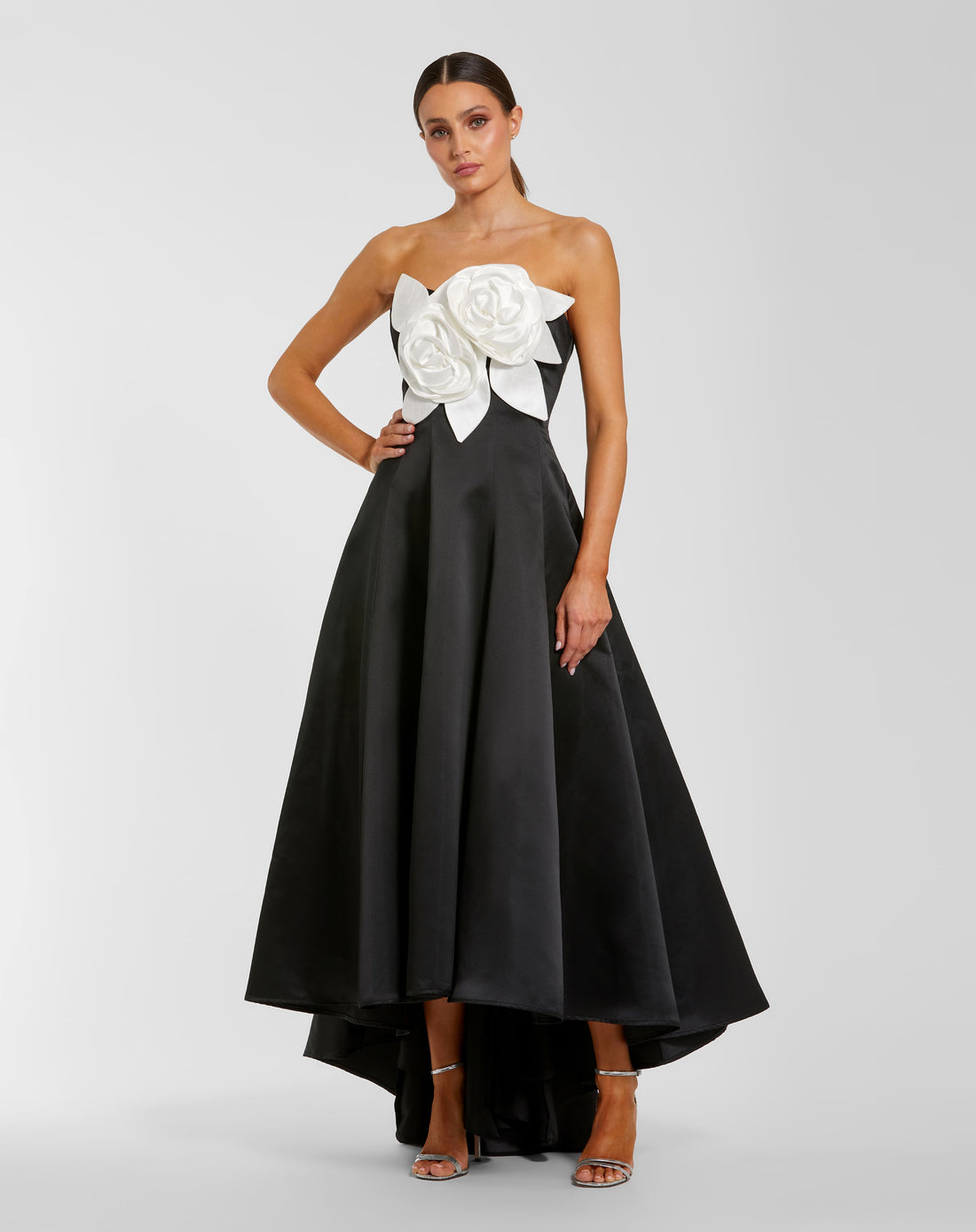 Cocktail Dresses 3D Floral High Low Cocktail Dress Mac Duggal 2303 Black Ivory