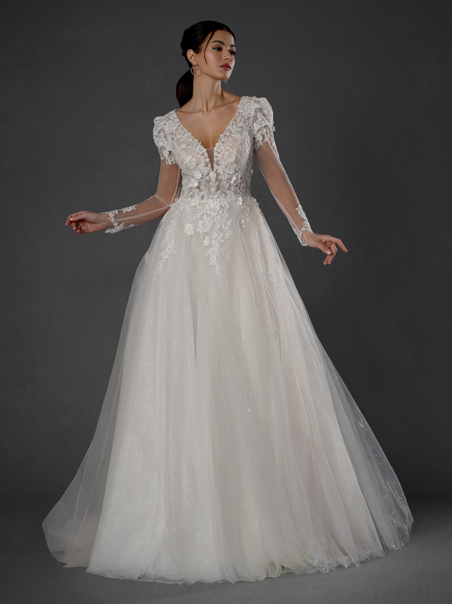 Wedding Dresses Long Lace Bridal Wedding Dress - Floral - Stella Couture 25574 Off White-Tulle-25574-Floral