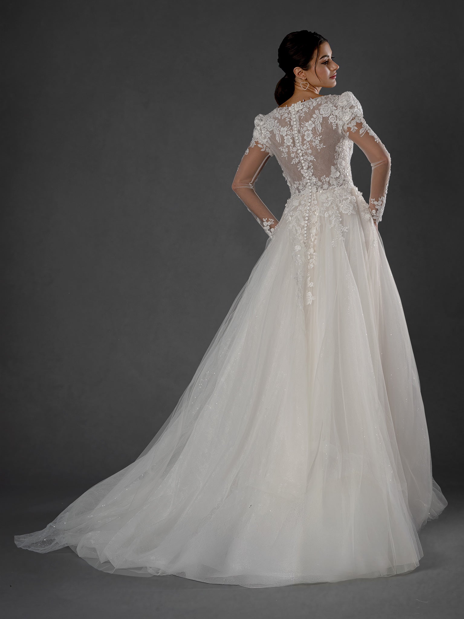 Wedding Dresses Long Lace Bridal Wedding Dress - Floral - Stella Couture 25574 Off White-Tulle-25574-Floral