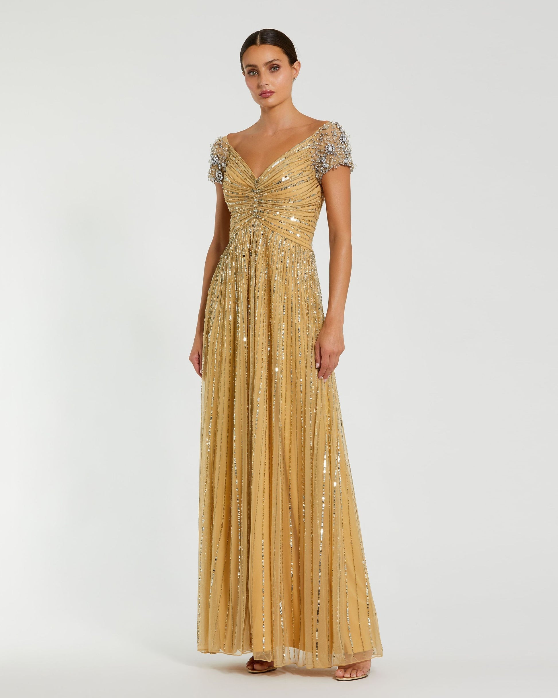 Mac Duggal 23042 - Long Embellished Mesh A-line Dress - Cap Sleeves, Striped Sequins, Crystal Beaded, Scoop Midrise Back, Floor Length 16 / Gold Mac Duggal 23042 - Long Embellished Mesh A-line Dress - Cap Sleeves, Striped Sequins, Crystal Beaded, Scoop Midrise Back, Floor Length 16 / Gold