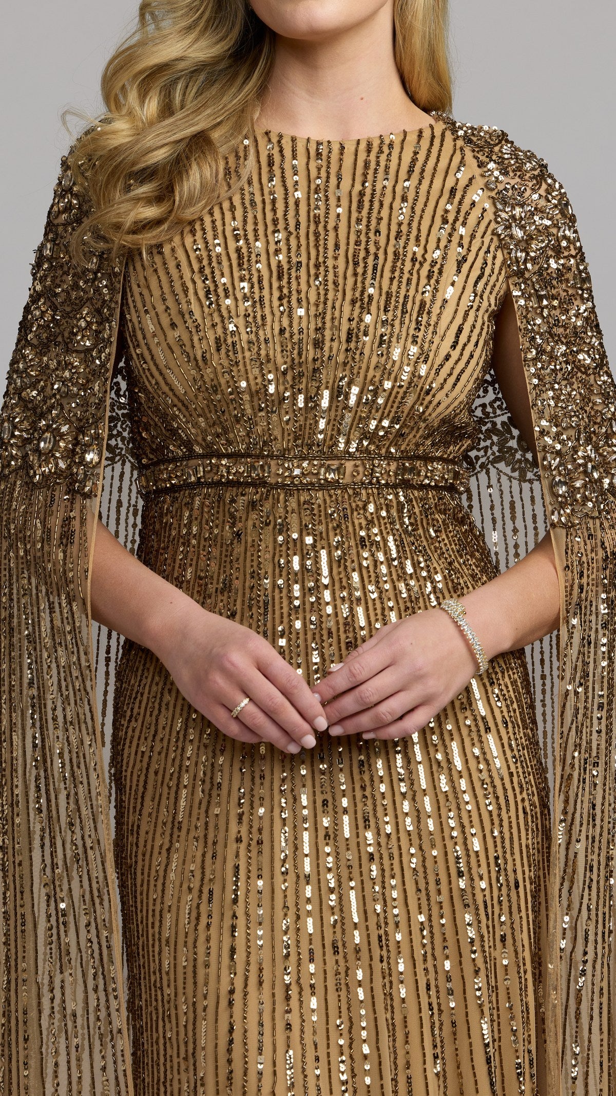 Mac Duggal style 23046 in Light Bronze, detail view