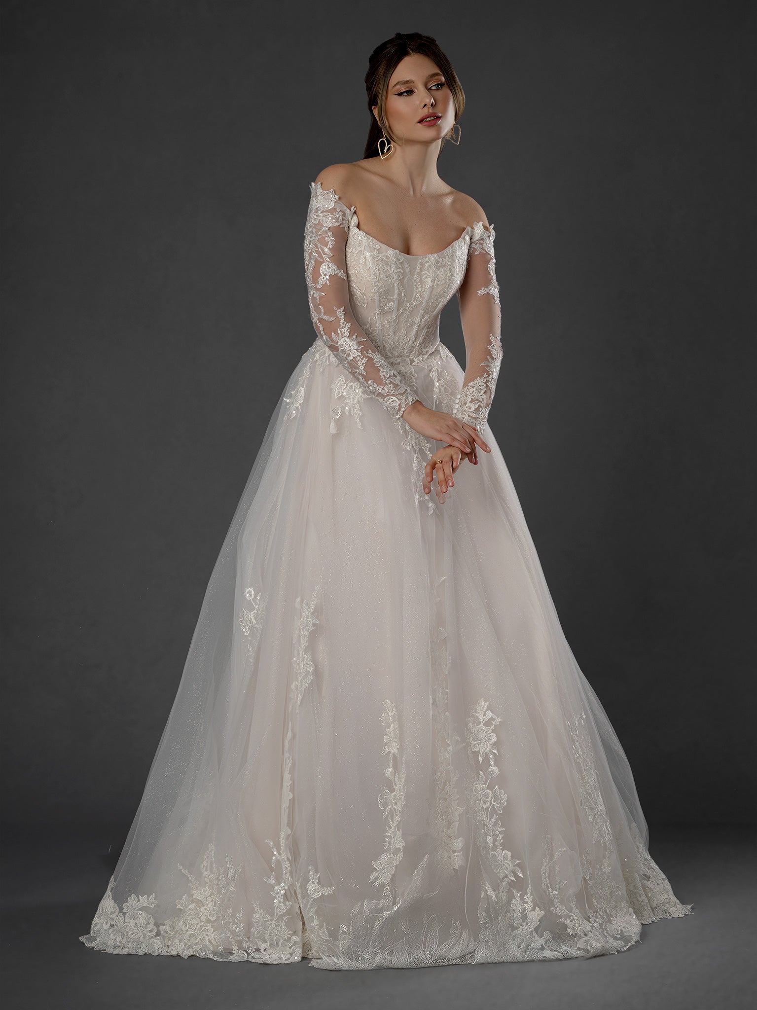 Long Bridal A Line Wedding Dress Floral Beaded