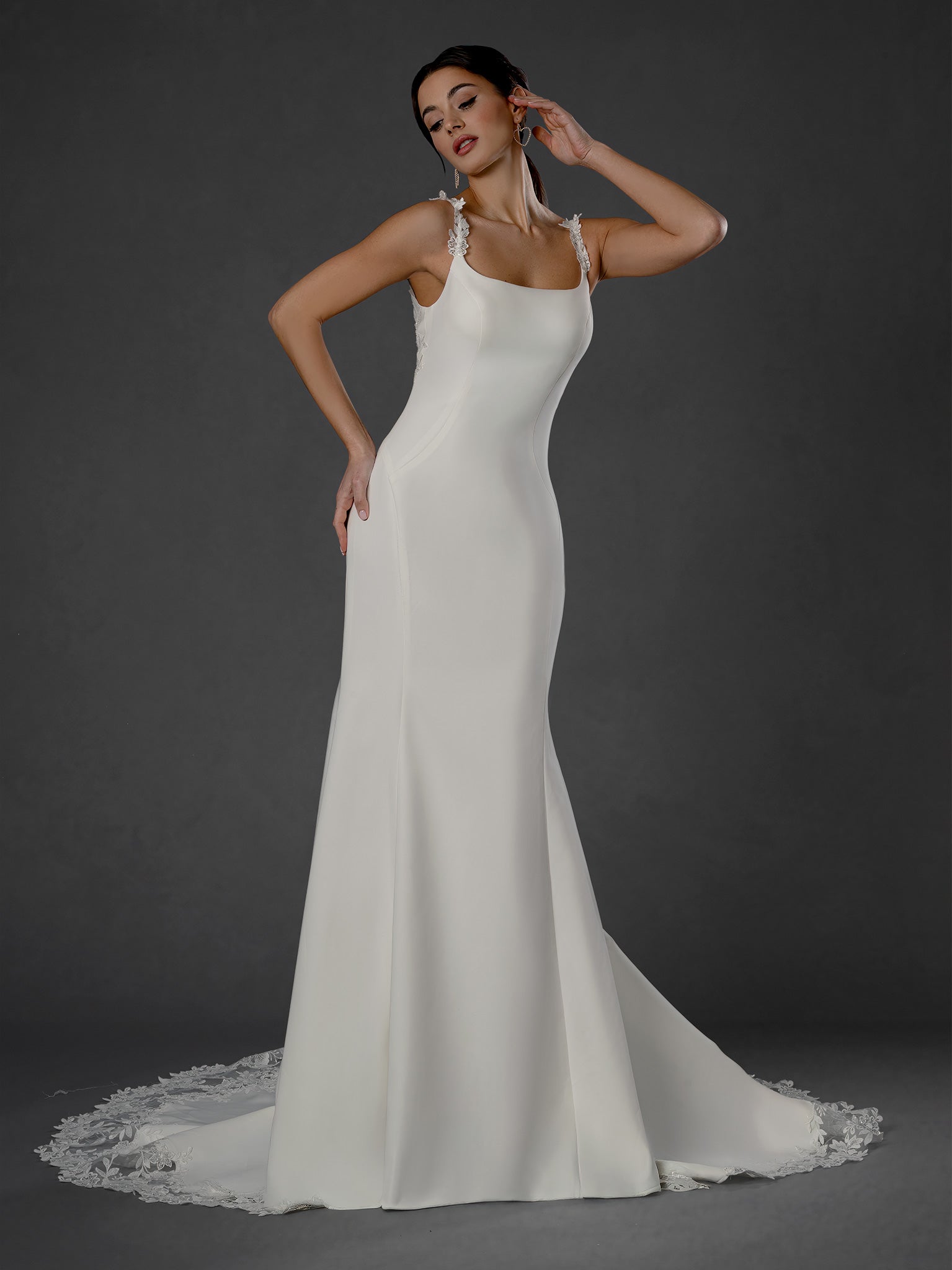 Wedding Dresses Long A Line Bridal Wedding Dress - Lace - Stella Couture 25572 Off White-Satin-25572-Train