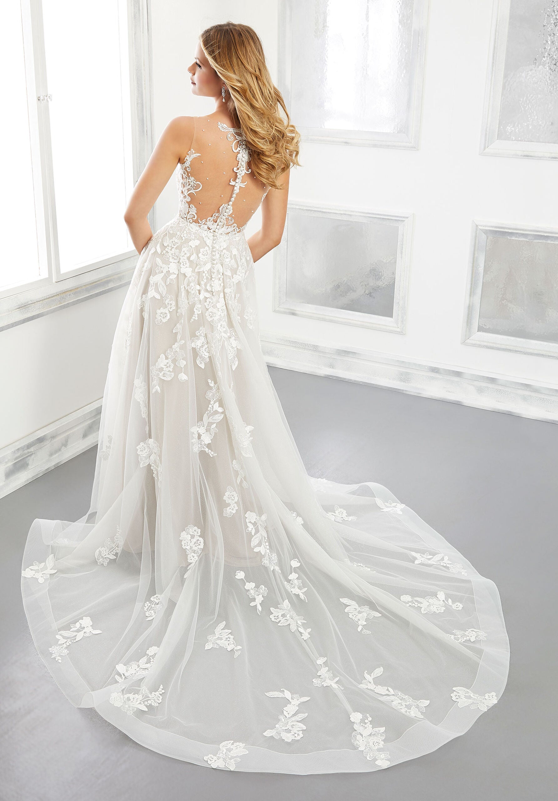 Wedding Dresses Long A Line Bridal Glitter Wedding Dress MGNY Madeline Gardner New York 2306 Ivory/Cappuccino/Honey