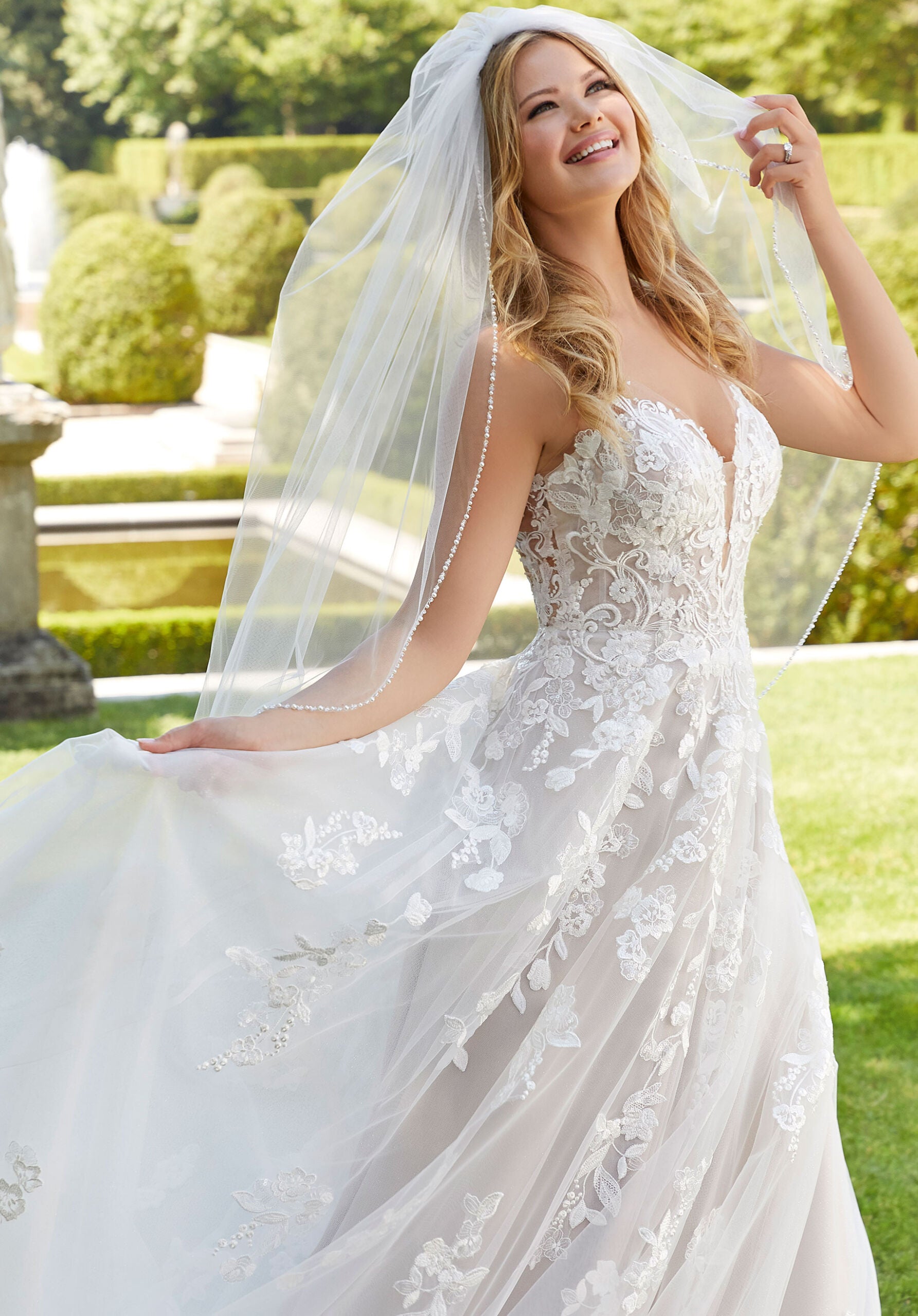 Wedding Dresses Long A Line Bridal Glitter Wedding Dress MGNY Madeline Gardner New York 2306 Ivory/Cappuccino/Honey