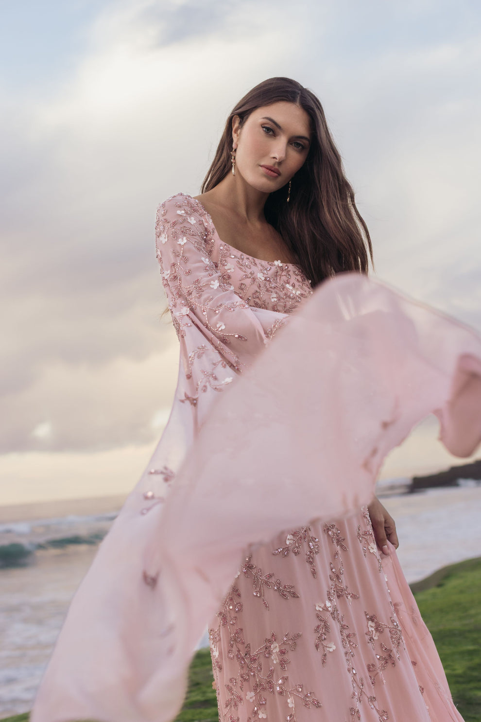 Rose Square Neck Floor-Length Chiffon Evening Gown with 3D Floral Cape Sleeves Mac Duggal 23068