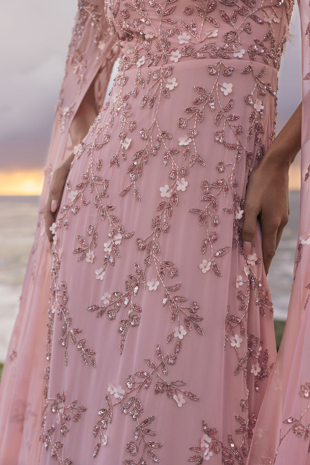 Rose Square Neck Floor-Length Chiffon Evening Gown with 3D Floral Cape Sleeves Mac Duggal 23068