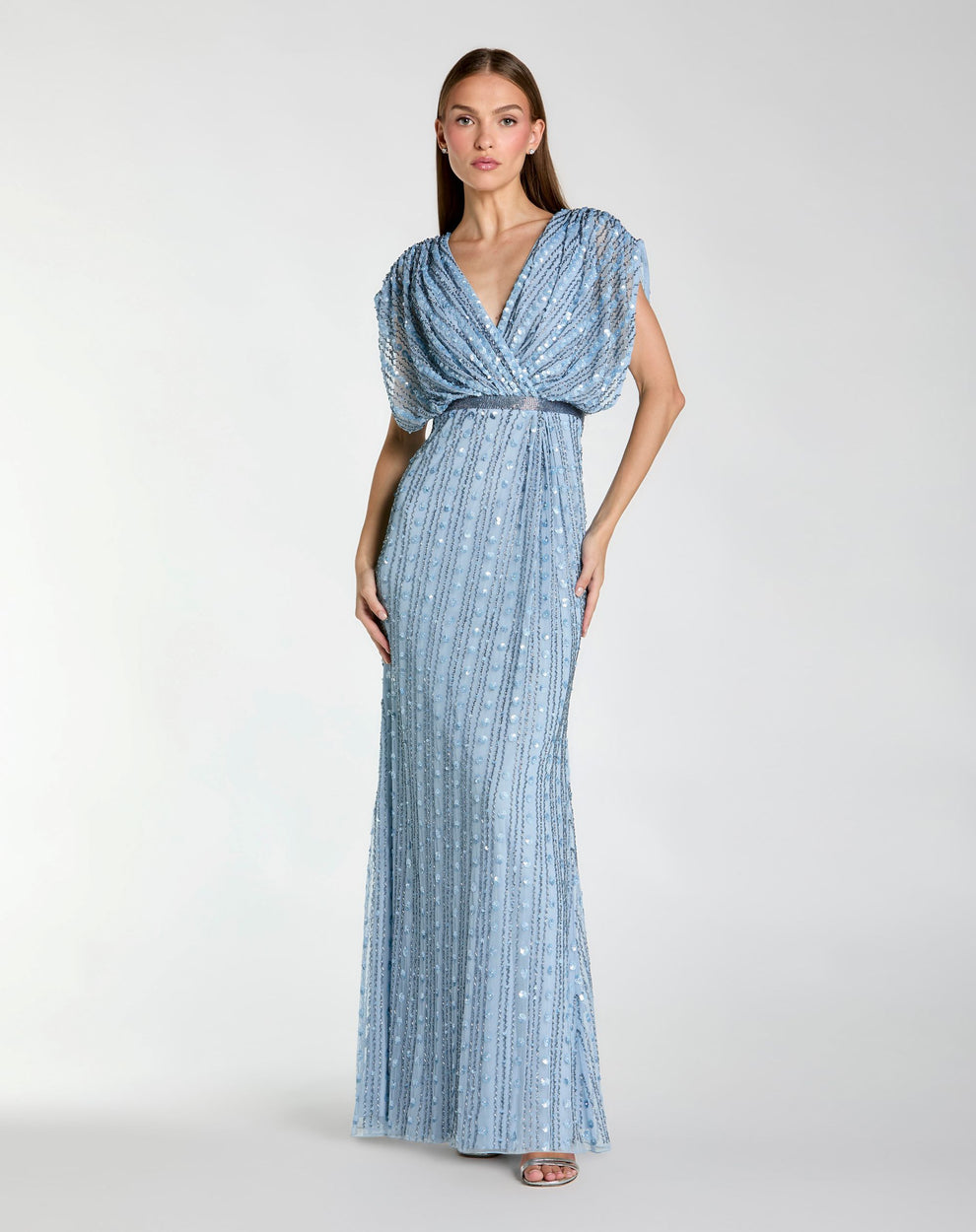 Mac Duggal Women's Beaded Mesh Blouson V Neck Column Gown