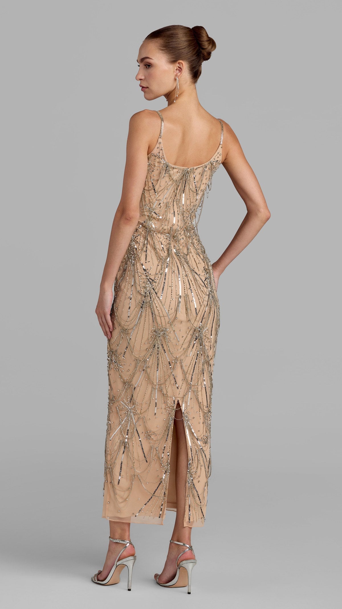 Mac Duggal style 23082 in Nude Silver, back view