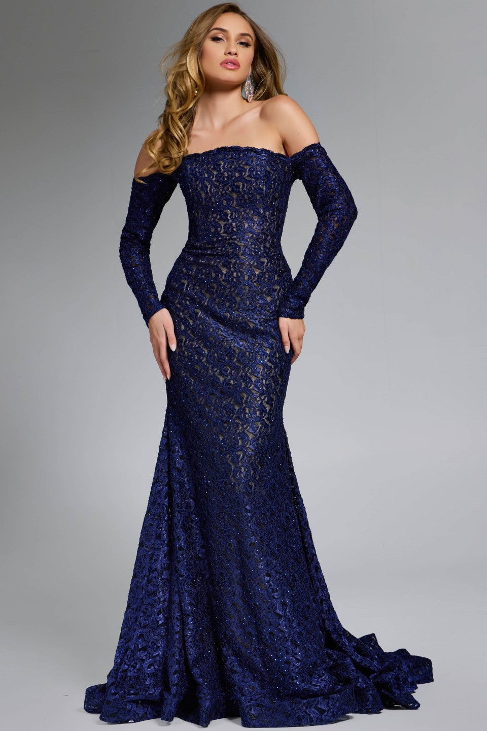 Prom Dresses Lace Long Formal Mermaid Prom Dress Jovani 23084 Navy/Black