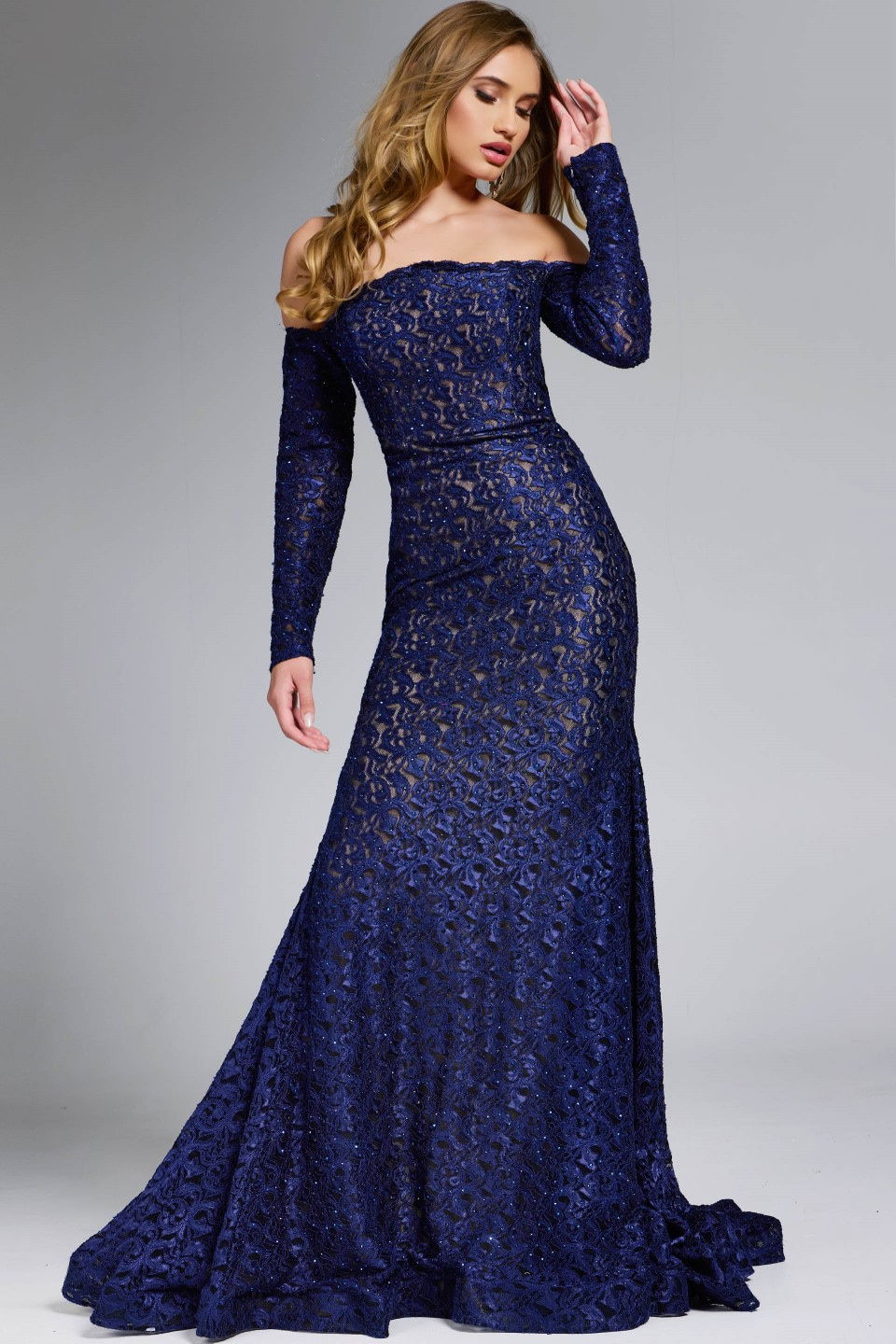 Prom Dresses Lace Long Formal Mermaid Prom Dress Jovani 23084 Navy/Black