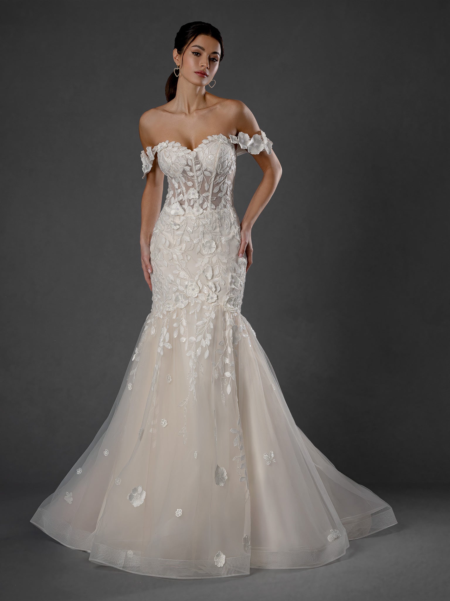 Wedding Dresses Long Floral Lace Wedding Dress - Mermaid - Stella Couture 25568 Off White-Tulle-25568-Floral