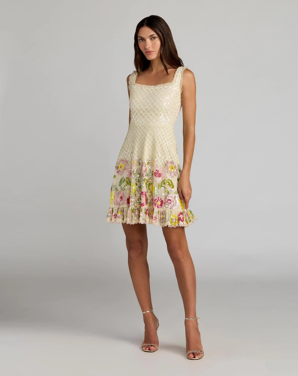 Square Neck Short Sequin Cocktail Dress by Mac Duggal 23094 in Nude Multi