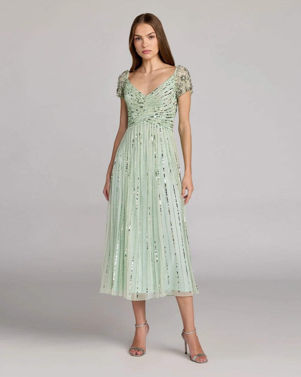 Mac Duggal Women's Sequin Mesh Midi Dress With Beaded Shoulders - Green - Size 2