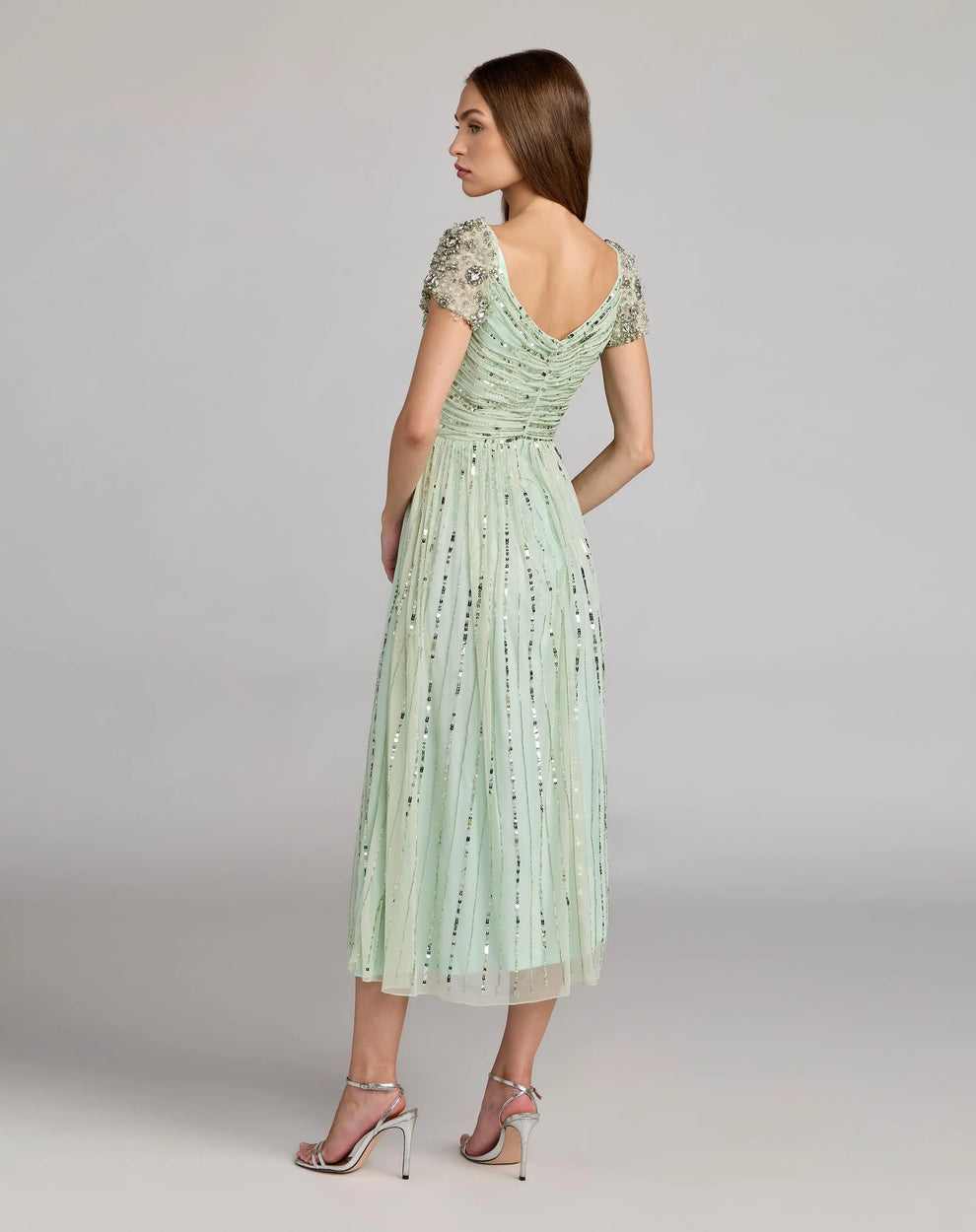 V-Neck Tea-Length Tulle Formal A-Line Dress Mac Duggal 23098