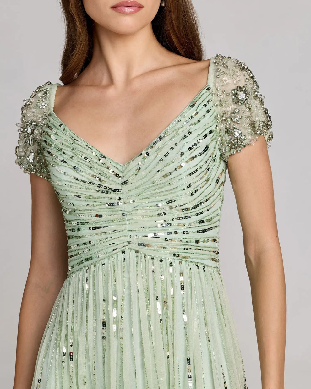 V-Neck Tea-Length Tulle Formal A-Line Dress Mac Duggal 23098