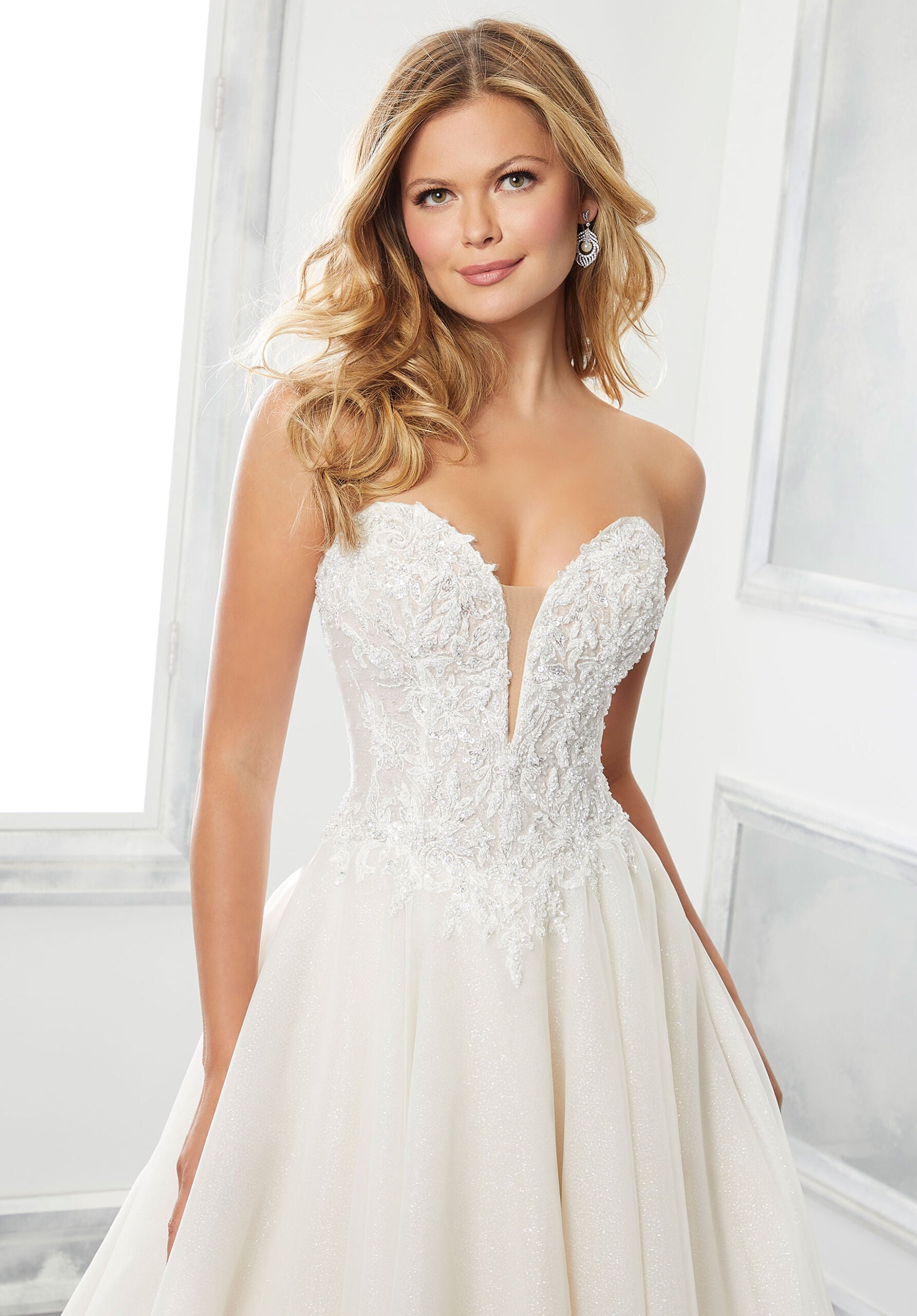 Wedding Dresses Long A Line Bridal Beaded Wedding Dress MGNY Madeline Gardner New York 2311 Ivory/Prosecco/Honey