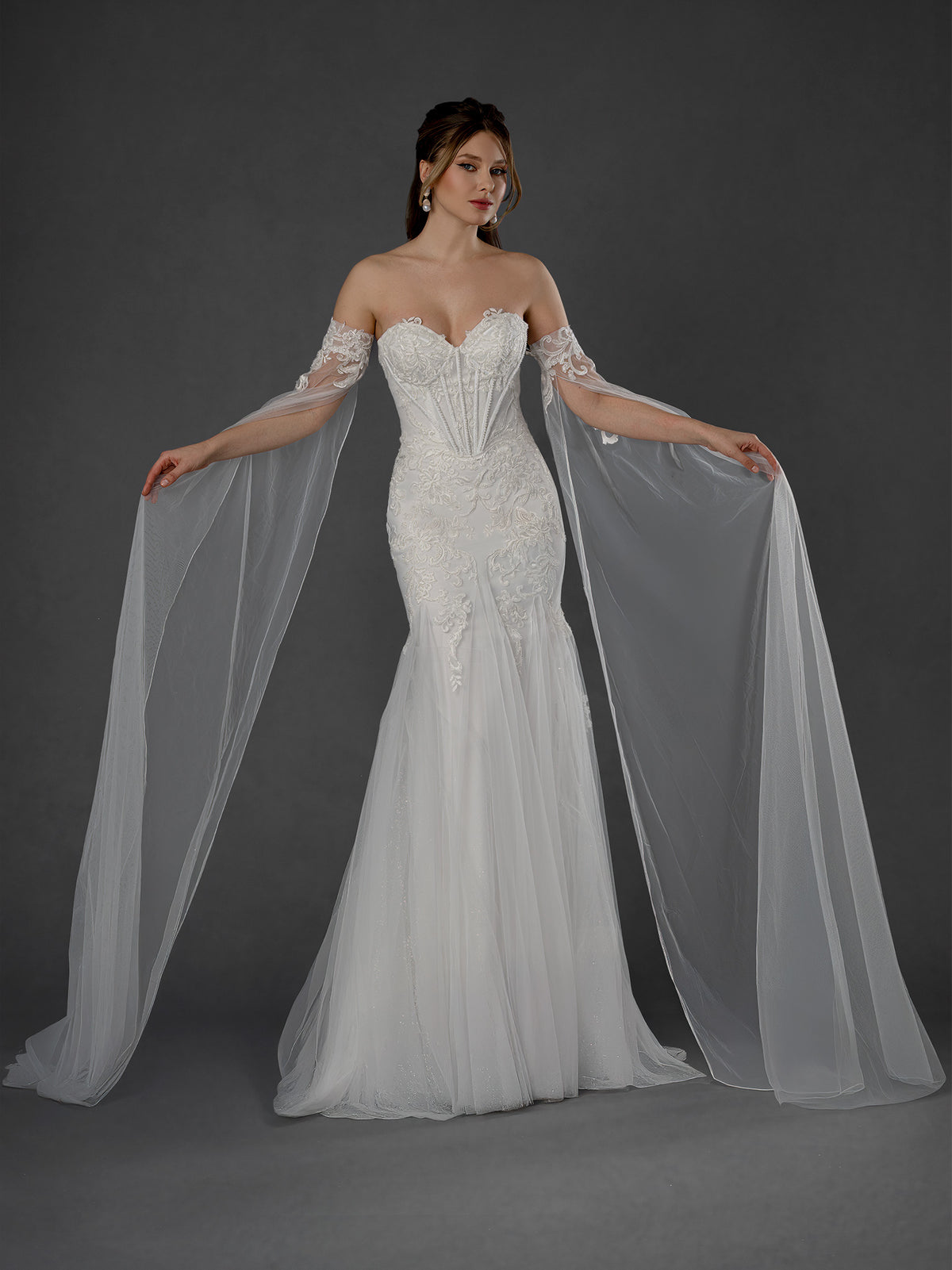 Wedding Dresses Long Corset Wedding Dress - Lace - Stella Couture 25559 Off White-Tulle-25559-Train