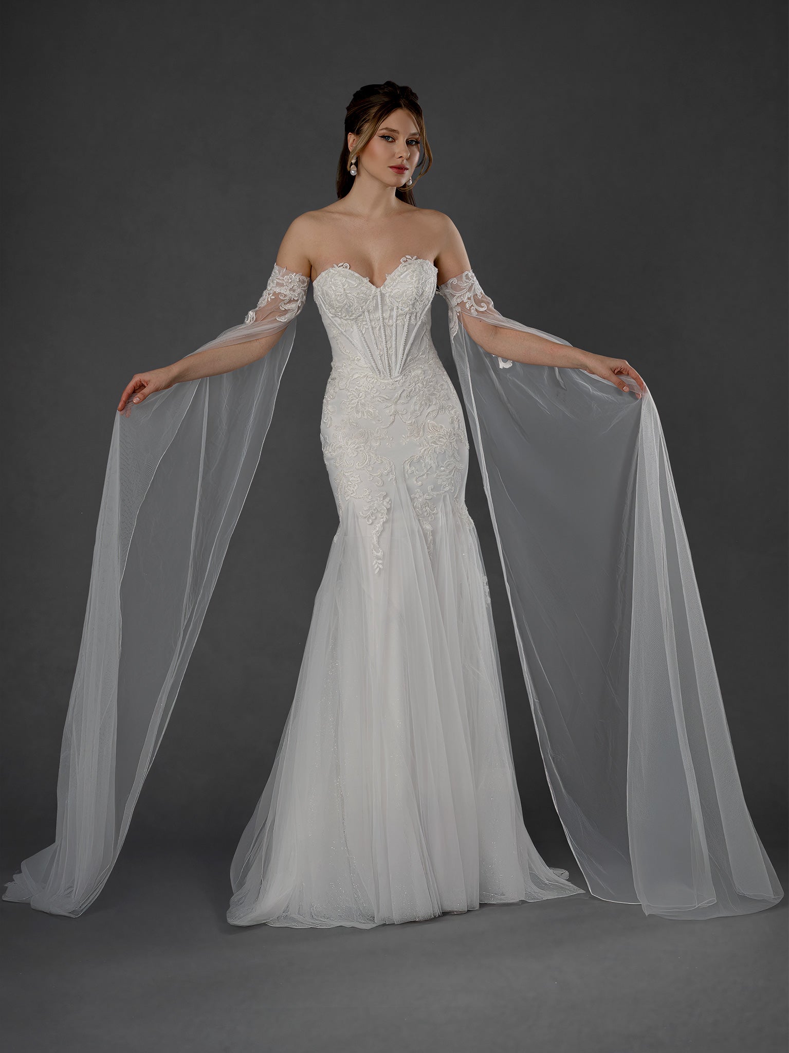 Wedding Dresses Long Corset Wedding Dress - Lace - Stella Couture 25559 Off White-Tulle-25559-Train