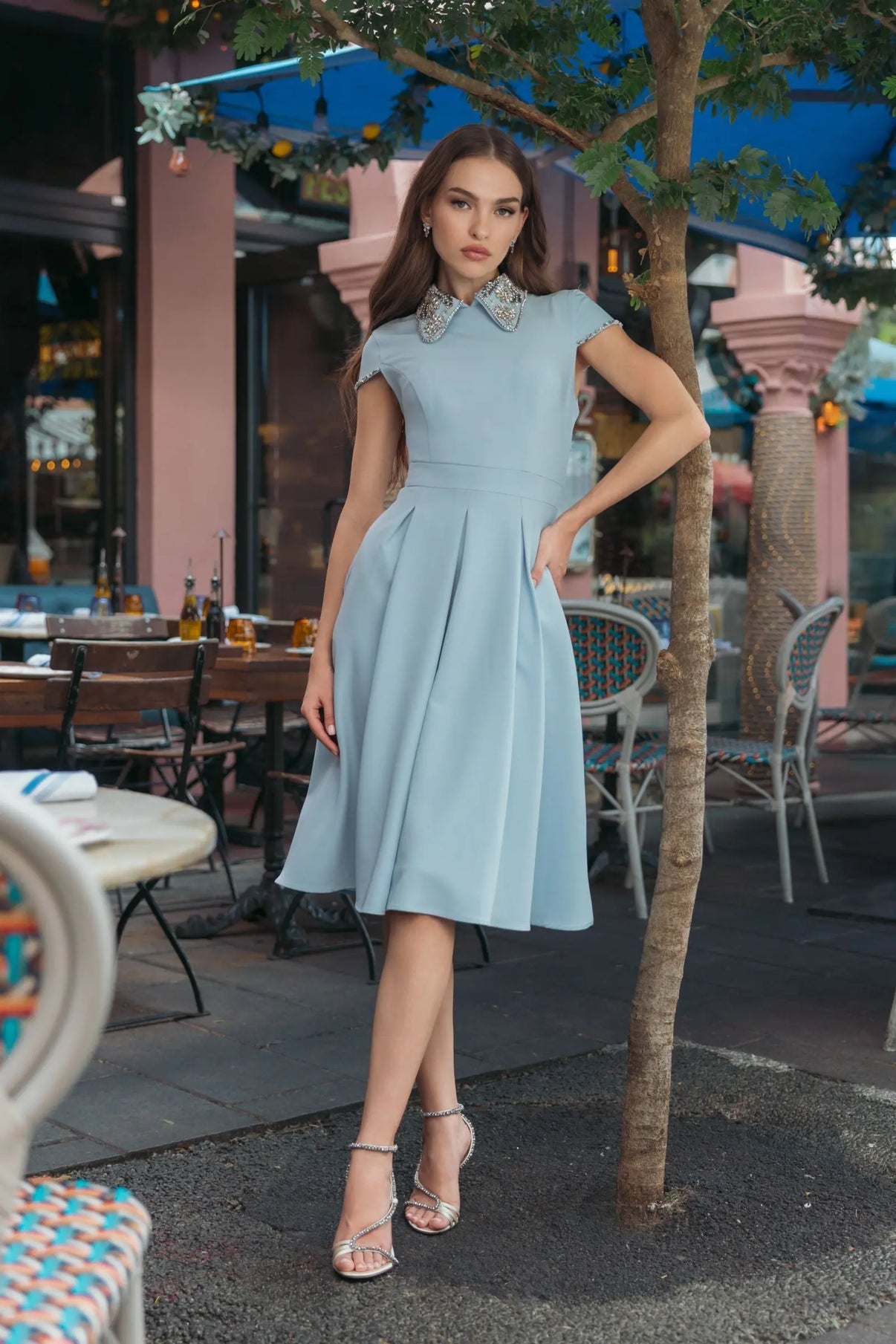 Embellished Collar Knee-Length Cocktail Dress by Mac Duggal 2313 in Powder Blue