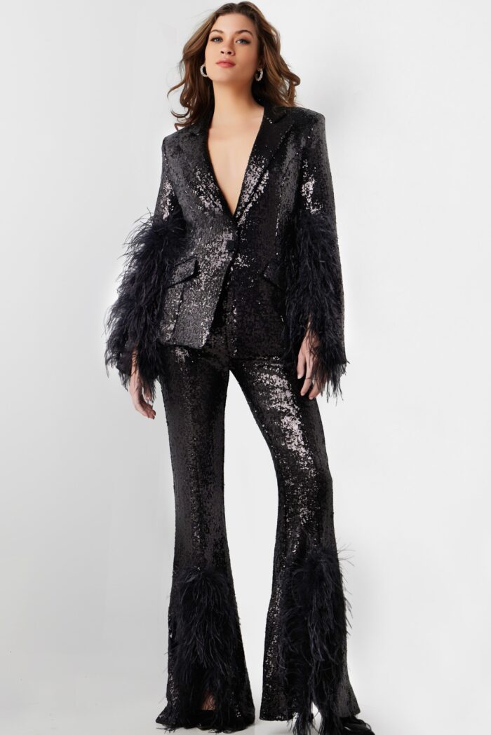 Pant Suit Long Sequin Two Piece Formal Pant Suit Black