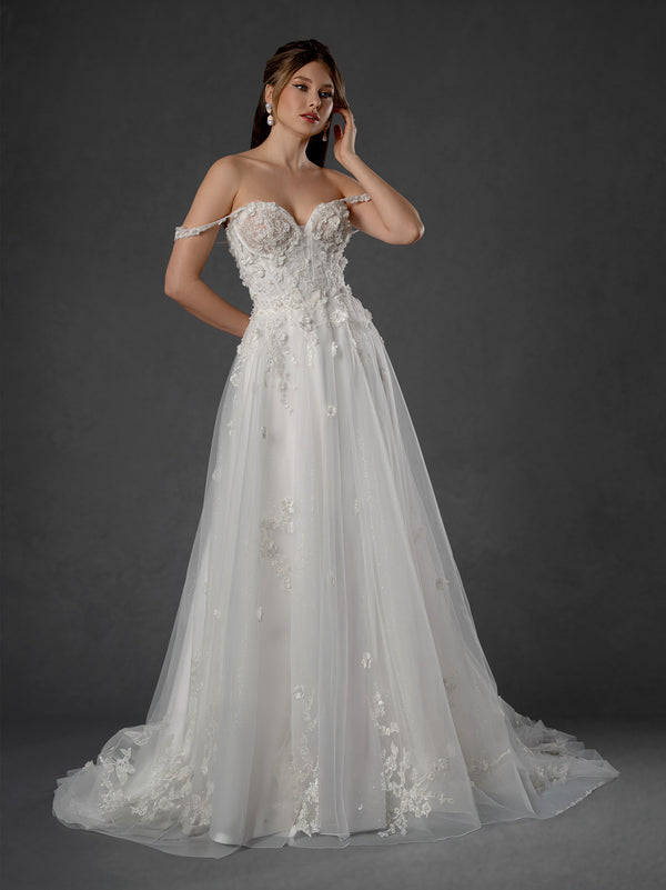 Long 3D Floral Lace Wedding Dress