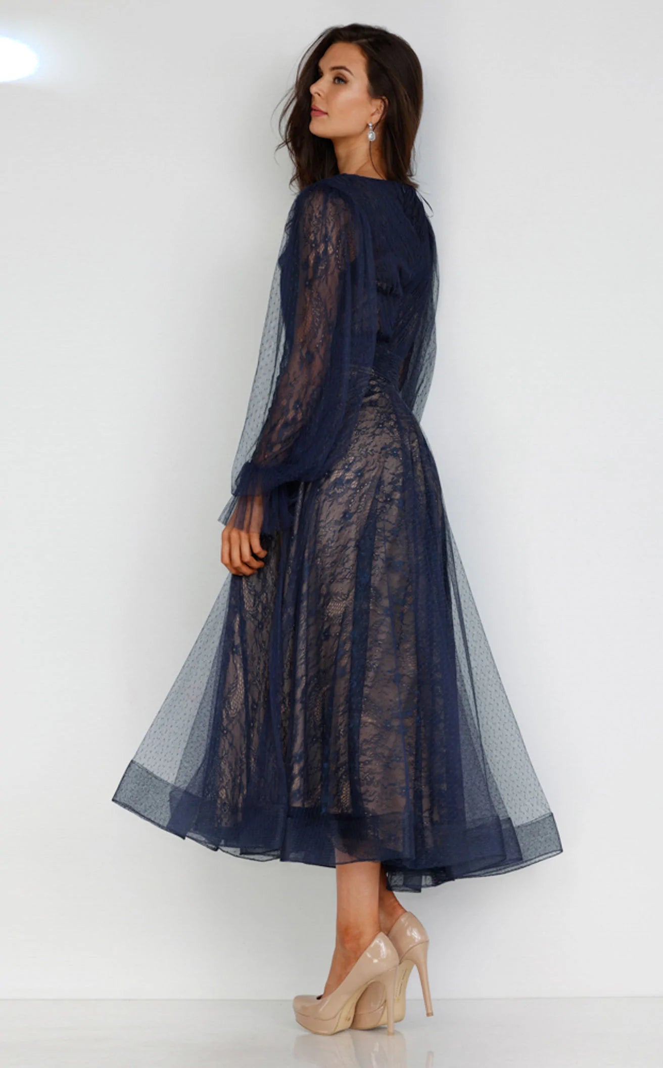 Cocktail Dresses Short Cocktail Long Sleeve Tea Length Dress Navy Nude